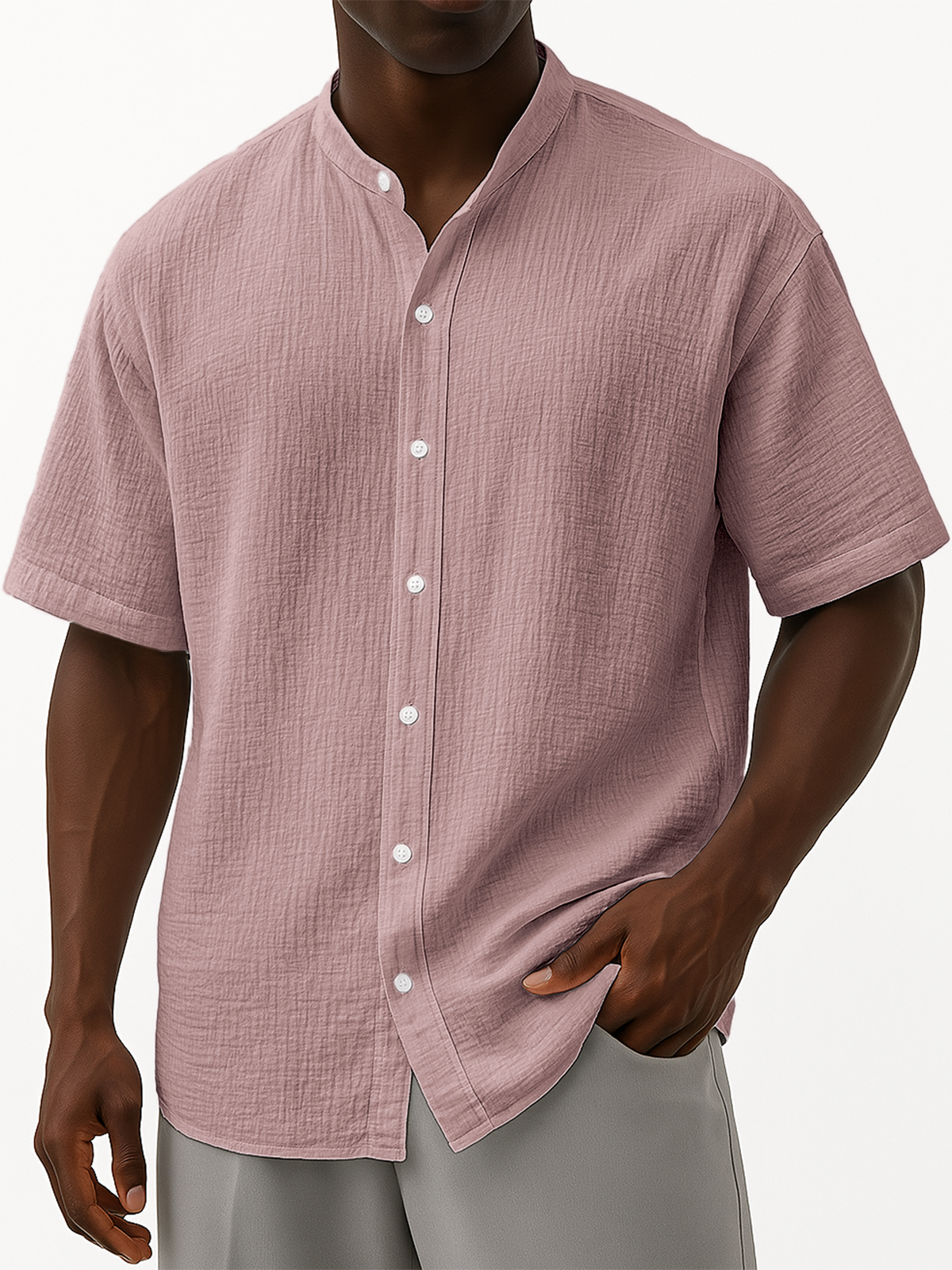 Men's Comfort Linen Muslin Crinkled Stand Collar Casual Vacation Short Sleeve Shirt