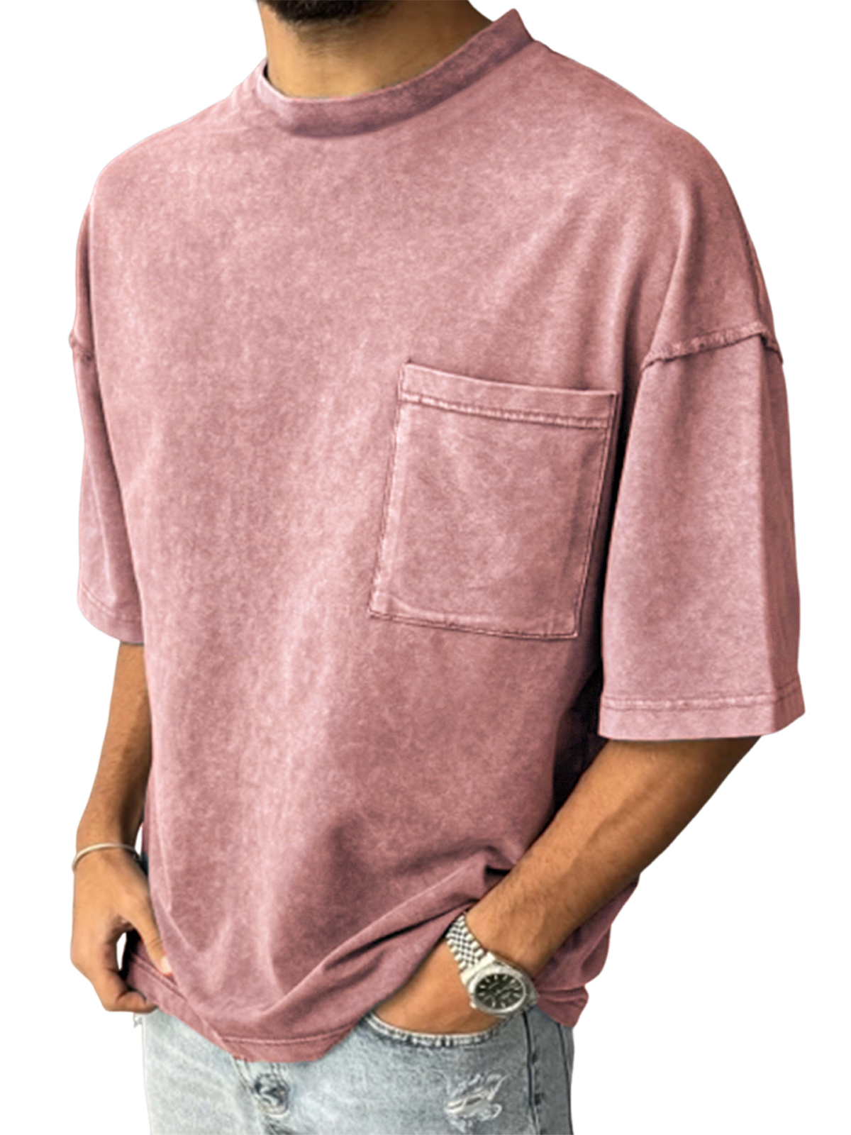 Men's Washed Distressed Casual T-shirt with Chest Pocket