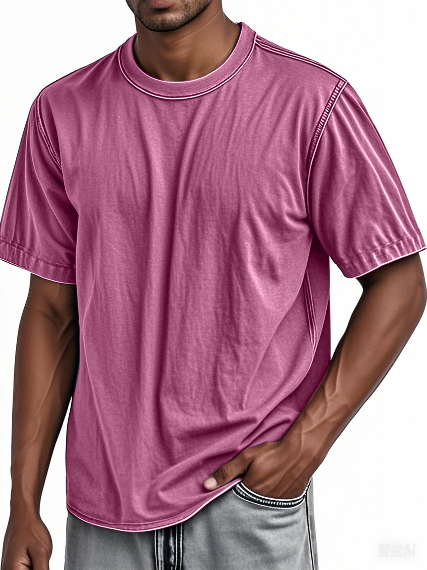 Men's 100% Cotton Washed Distressed Vintage Round Neck Short-sleeved T-shirt