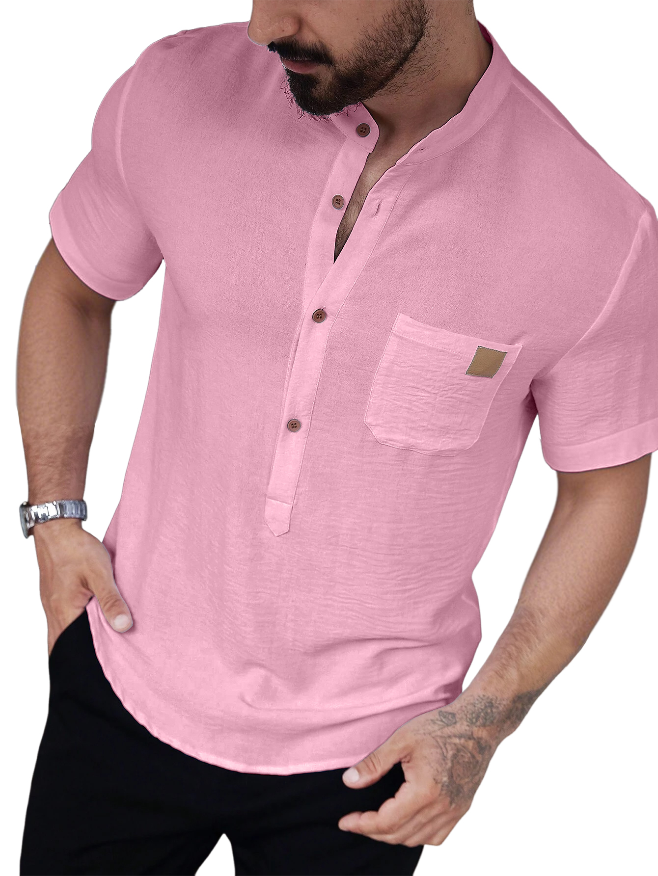 Men's Solid Color Single-breasted Pocket Casual Short-sleeved Shirt