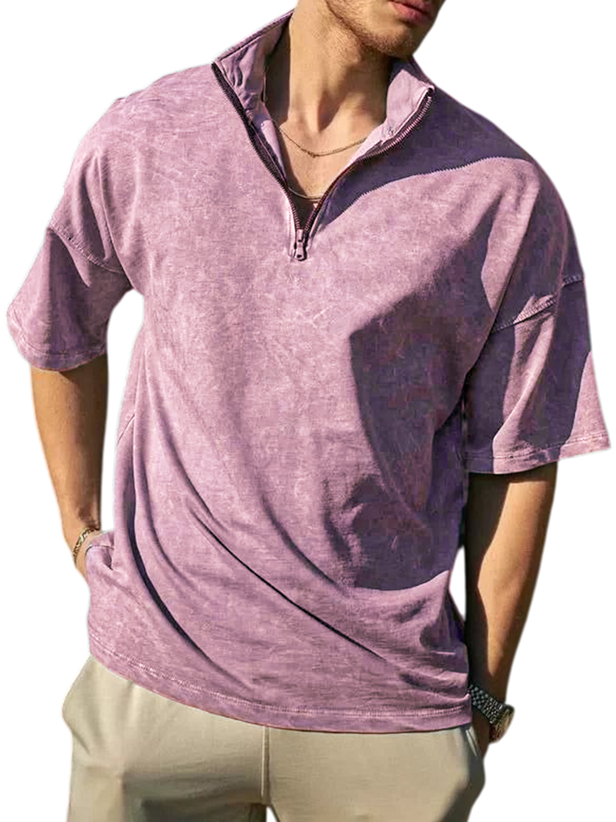 Men's Stylish Retro Distressed Quarter Zip Lapel Short-sleeved POLO Shirt