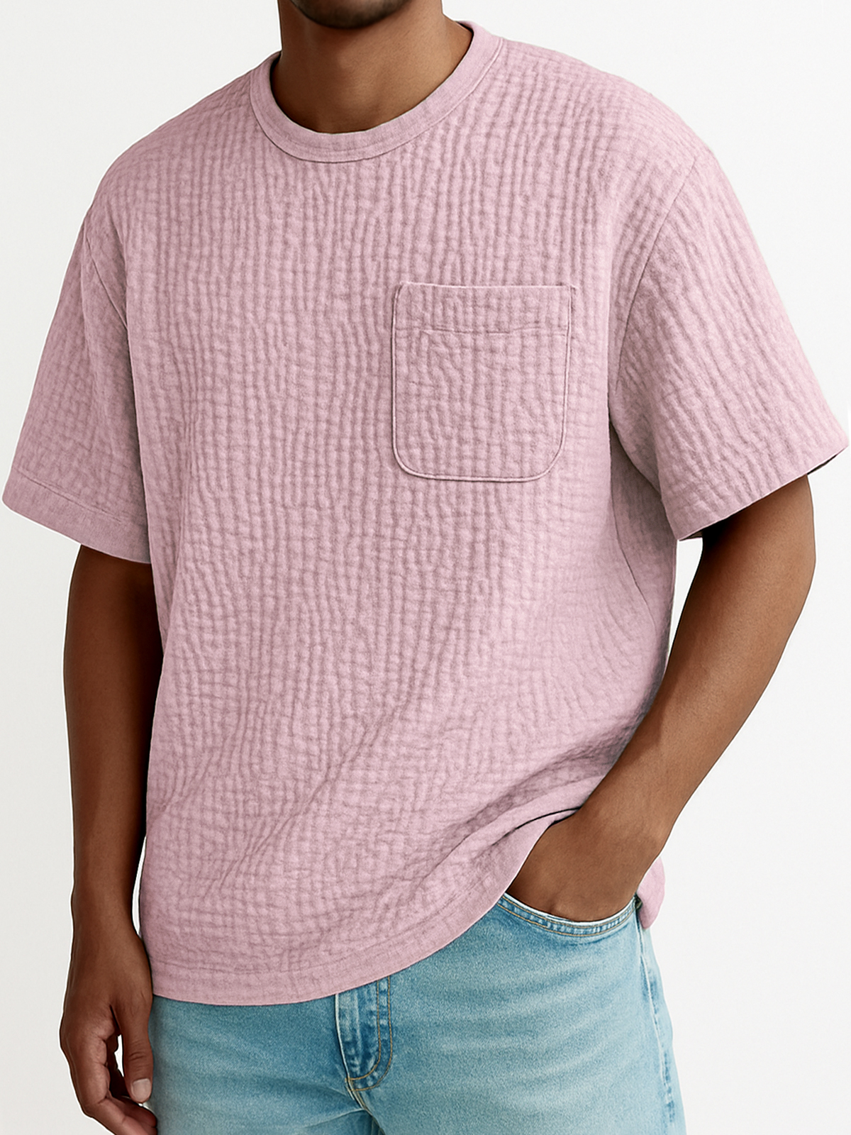 Men's Wrinkled Textured Casual Short-sleeved T-shirt with Chest Pocket