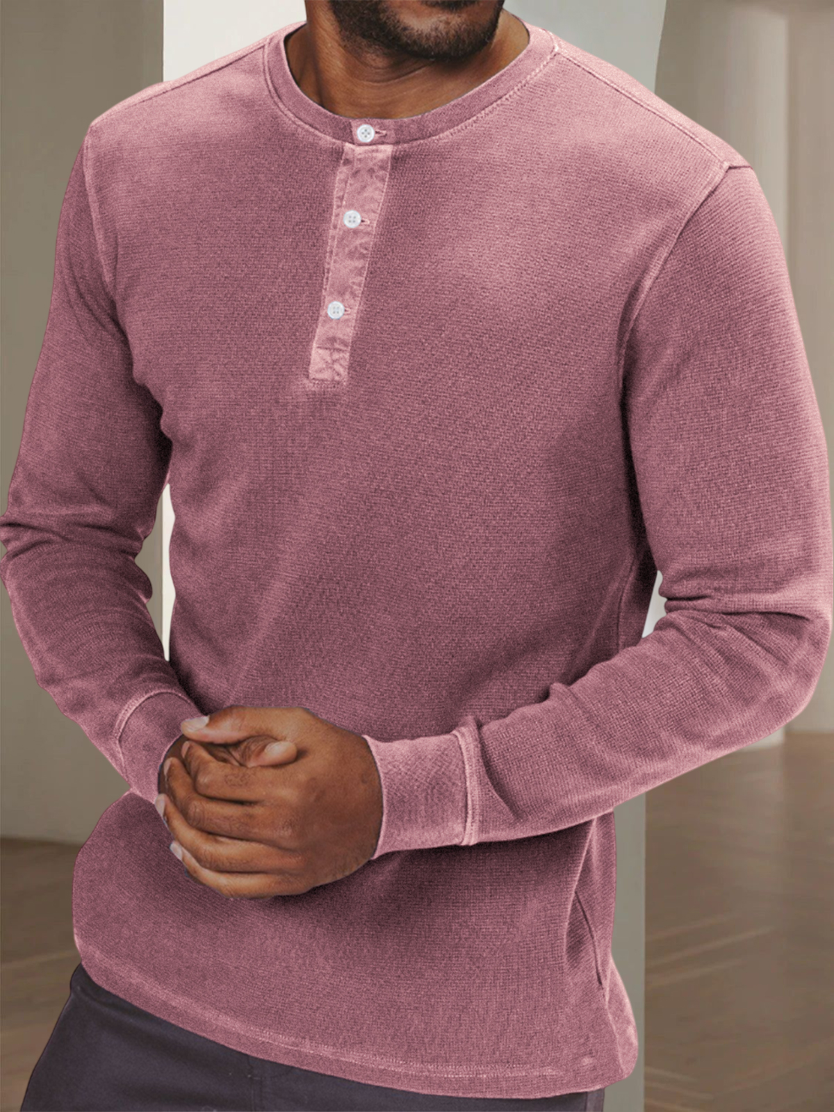 Men's Waffle Retro Dyed Distressed Trendy Casual Long Sleeve Henley Shirt Top