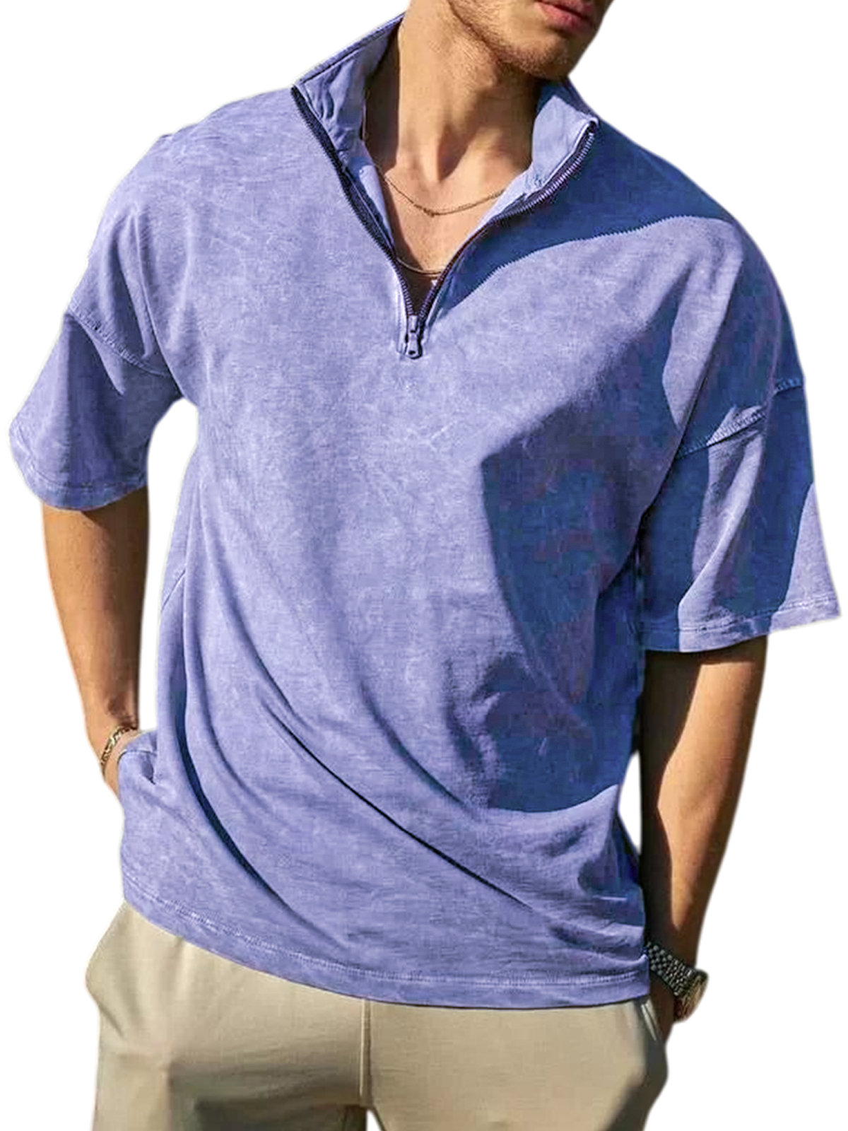 Men's Stylish Retro Distressed Quarter Zip Lapel Short-sleeved POLO Shirt