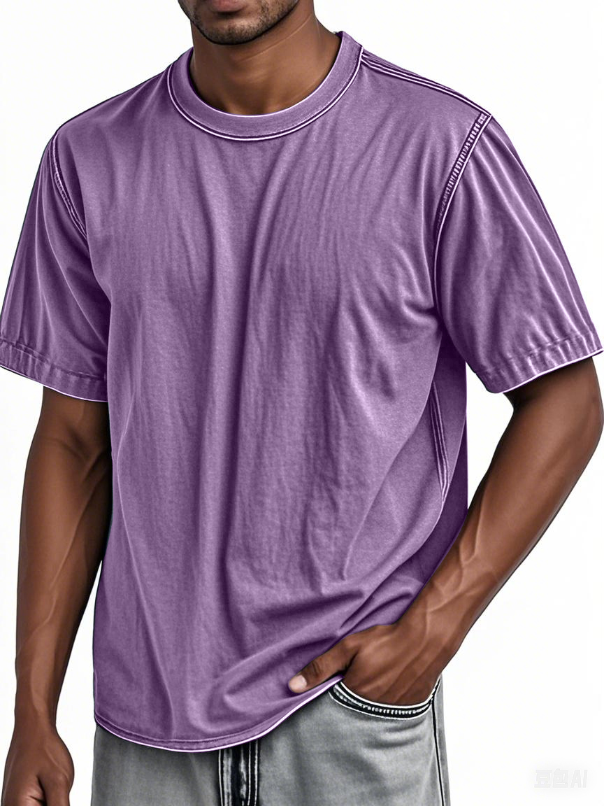 Men's 100% Cotton Washed Distressed Vintage Round Neck Short-sleeved T-shirt