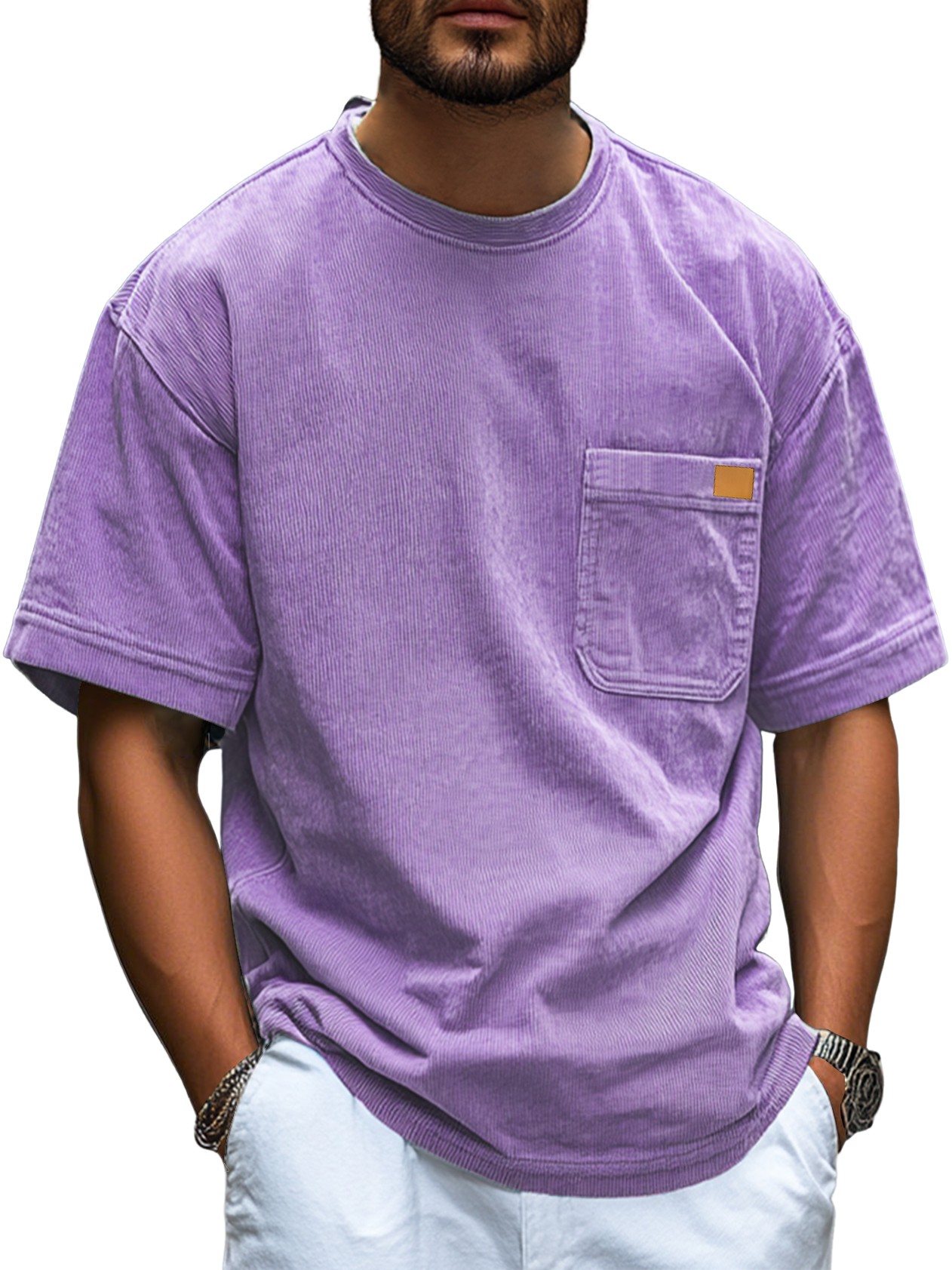Men's Fashion Retro Corduroy Simple Embroidered Logo Pocket Casual Short-sleeved T-shirt