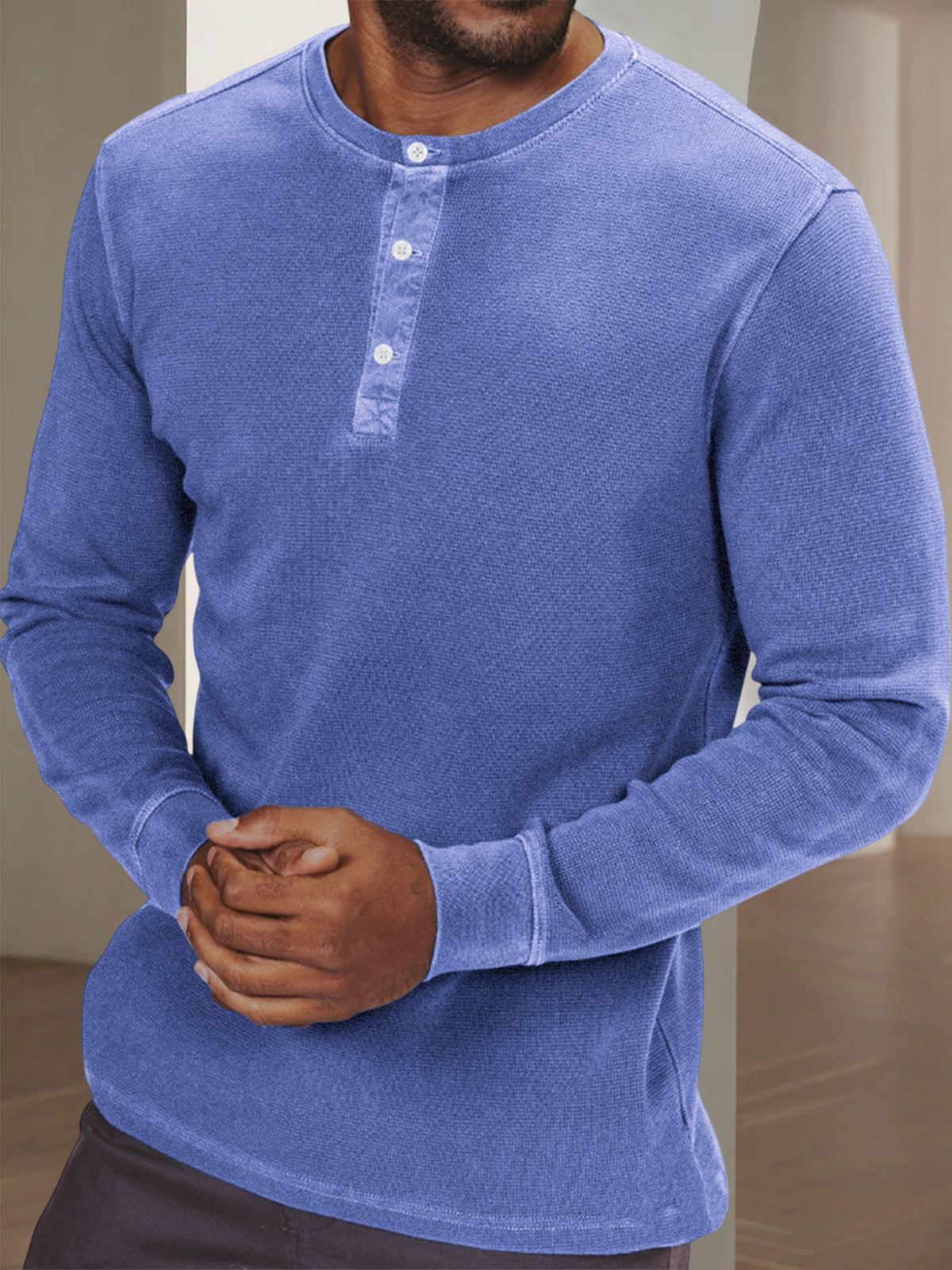 Men's Waffle Retro Dyed Distressed Trendy Casual Long Sleeve Henley Shirt Top