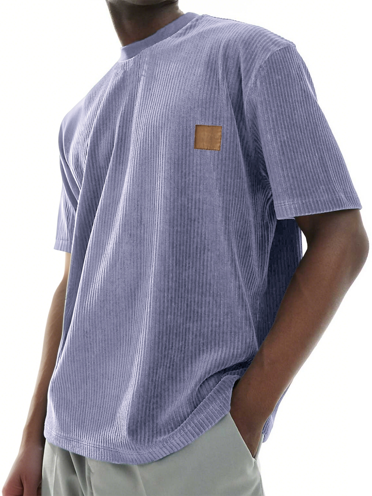 Men's Stylish Ribbed Embroidered Logo Everyday Corduroy Short Sleeve T-shirt