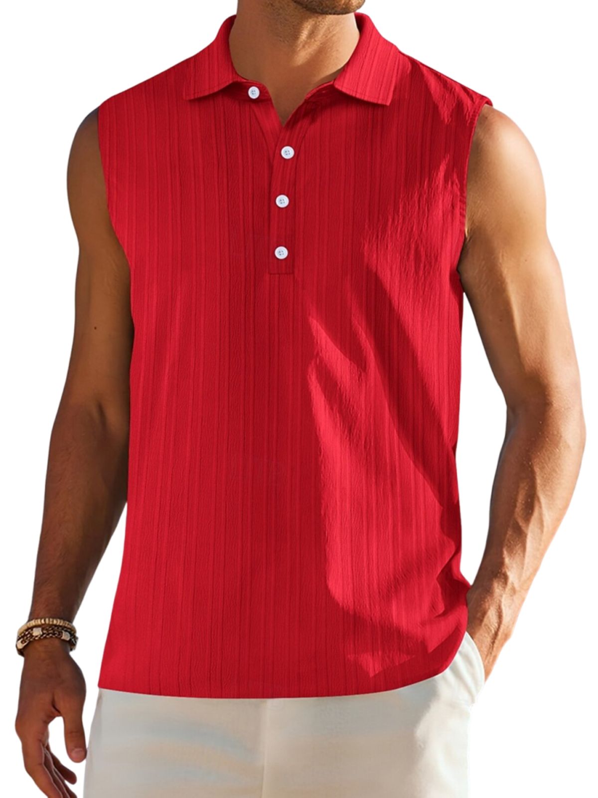 Men's Tank Top Textured Sleeveless Vest Button-Down Lapel Top Shirt