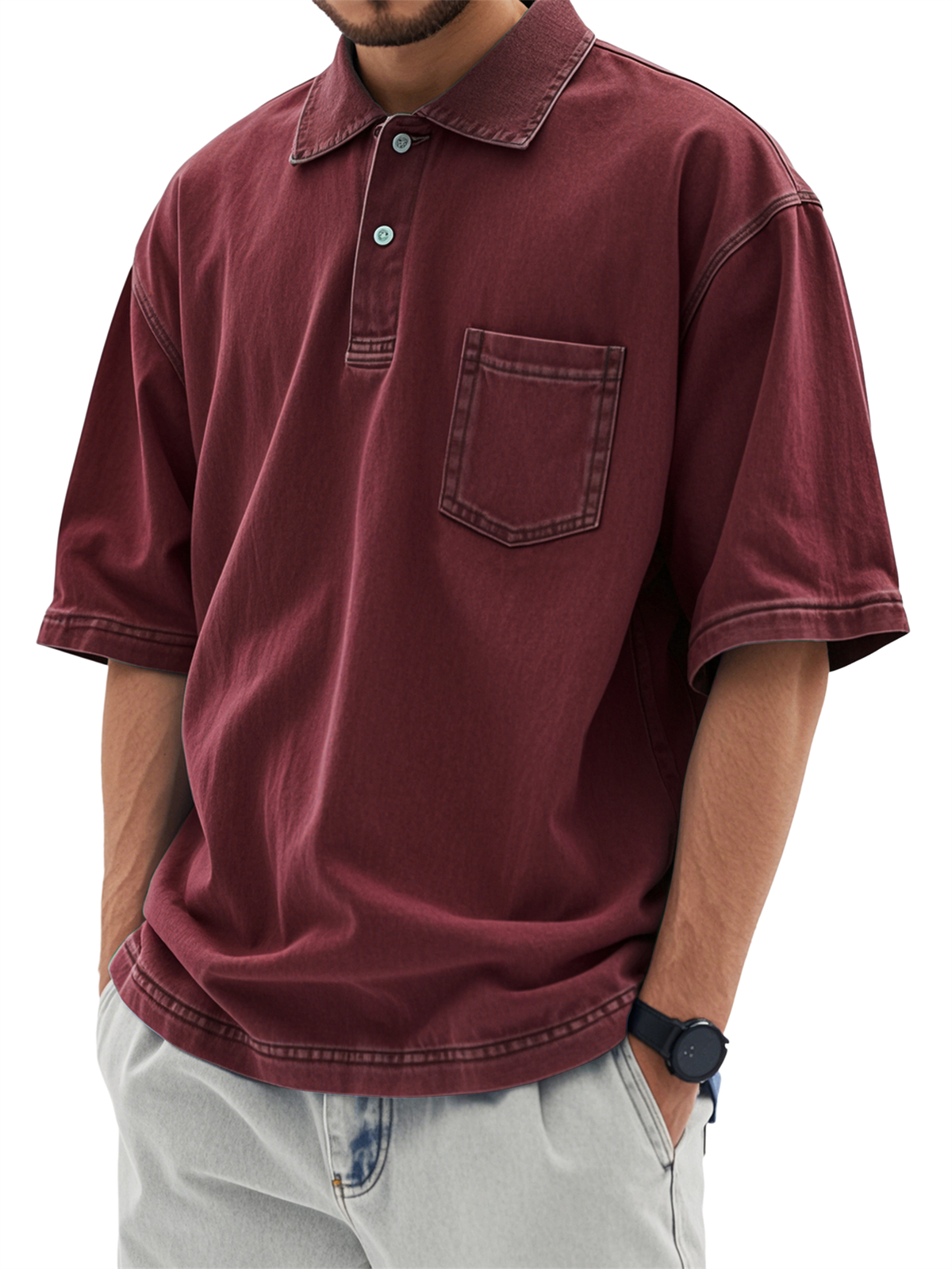 Men's Retro Distressed Washed Workwear Pocket Short-sleeved Polo Shirt