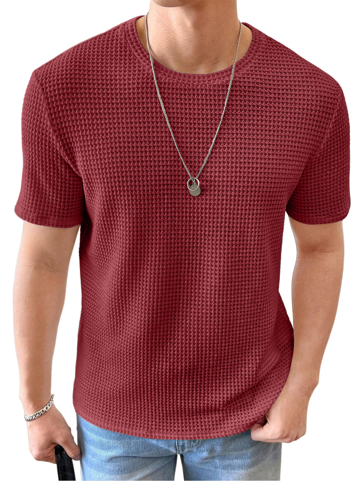 Men's Knitted Waffle Quality Casual Round Neck Short-sleeved T-shirt