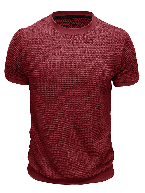 Men's Knitted Waffle Quality Casual Round Neck Short-sleeved T-shirt