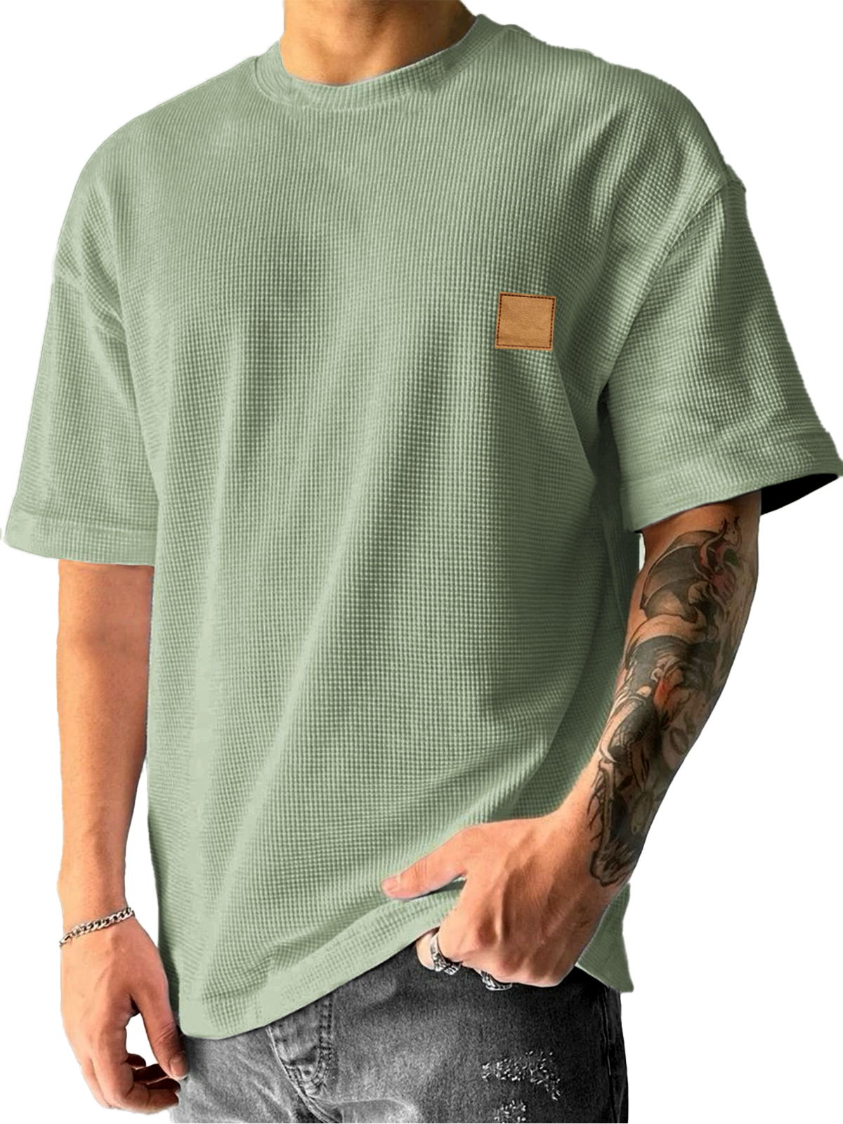 Men's Waffle Texture Minimalist Embroidered Leather Label Daily Casual Short-sleeved T-shirt