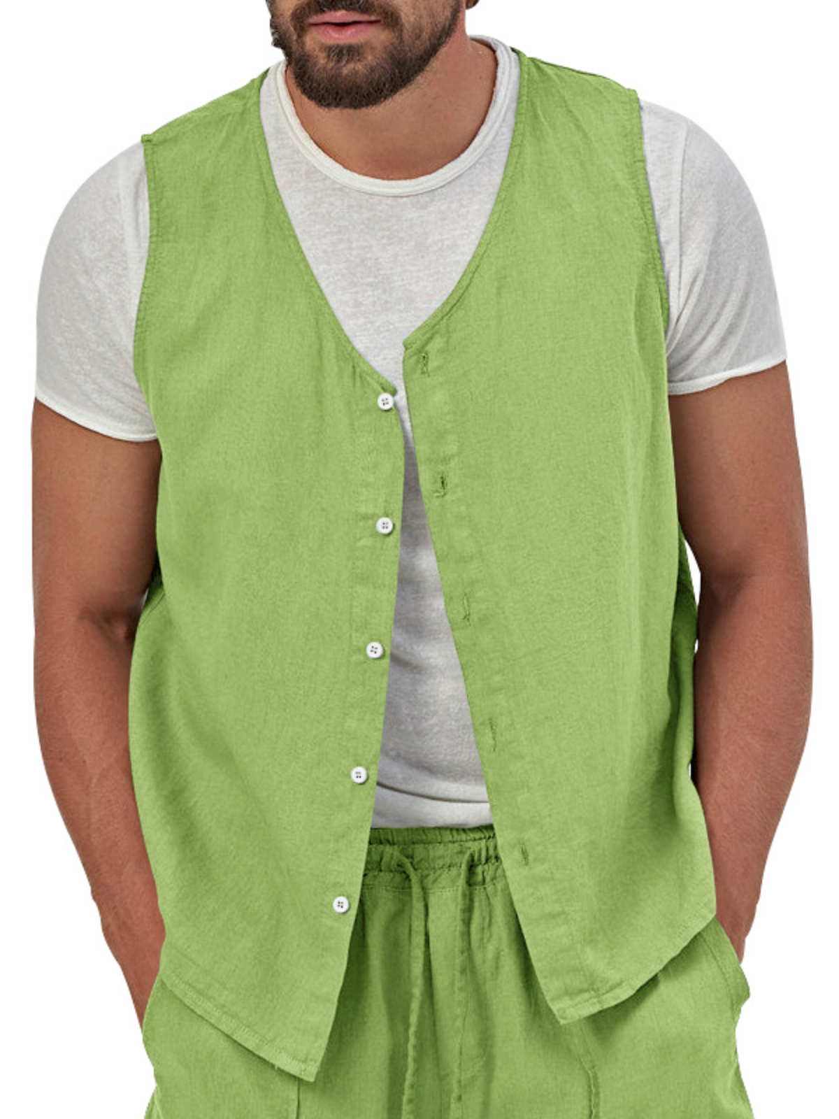 Men's Comfortable Cotton and Linen Sleeveless Vest Casual Button Cardigan Top Vest