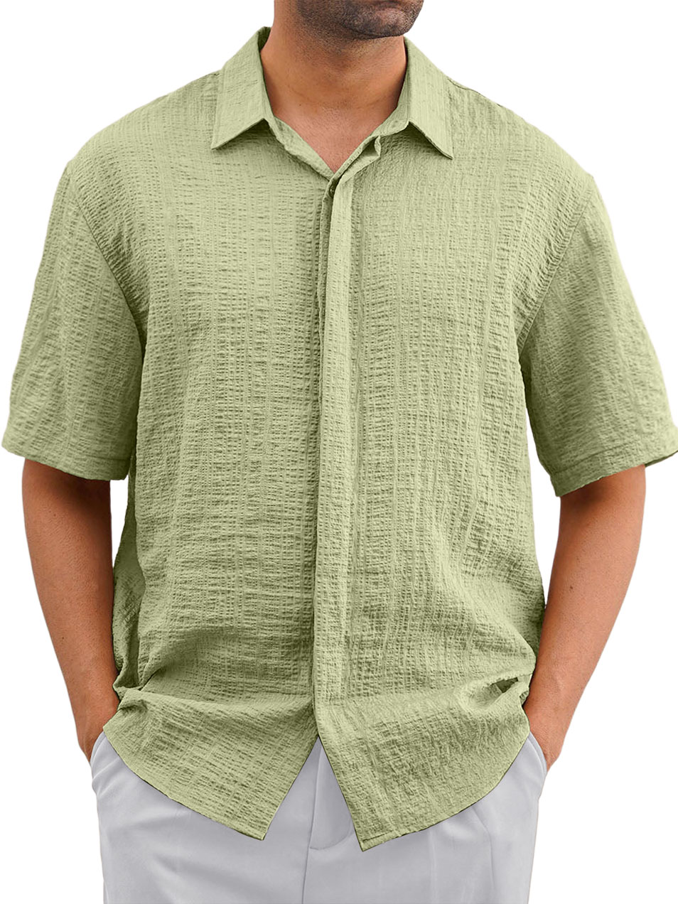 Men's Casual Loose And Comfortable Textured Design Short-sleeved Shirt