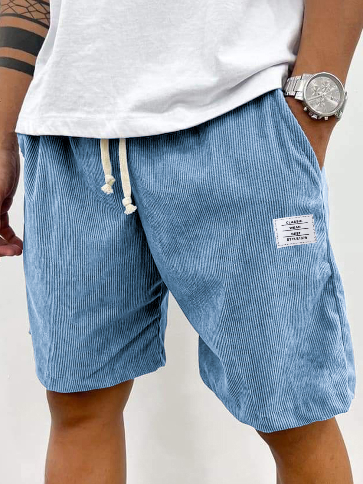 Men's Stylish Corduroy Simple Embroidered Logo Casual Lace-up Loose Shorts
