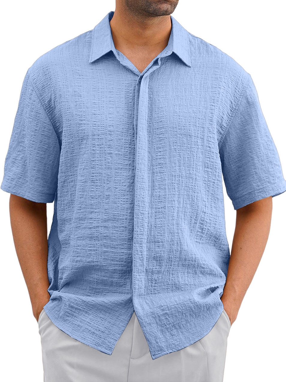 Men's Casual Loose And Comfortable Textured Design Short-sleeved Shirt