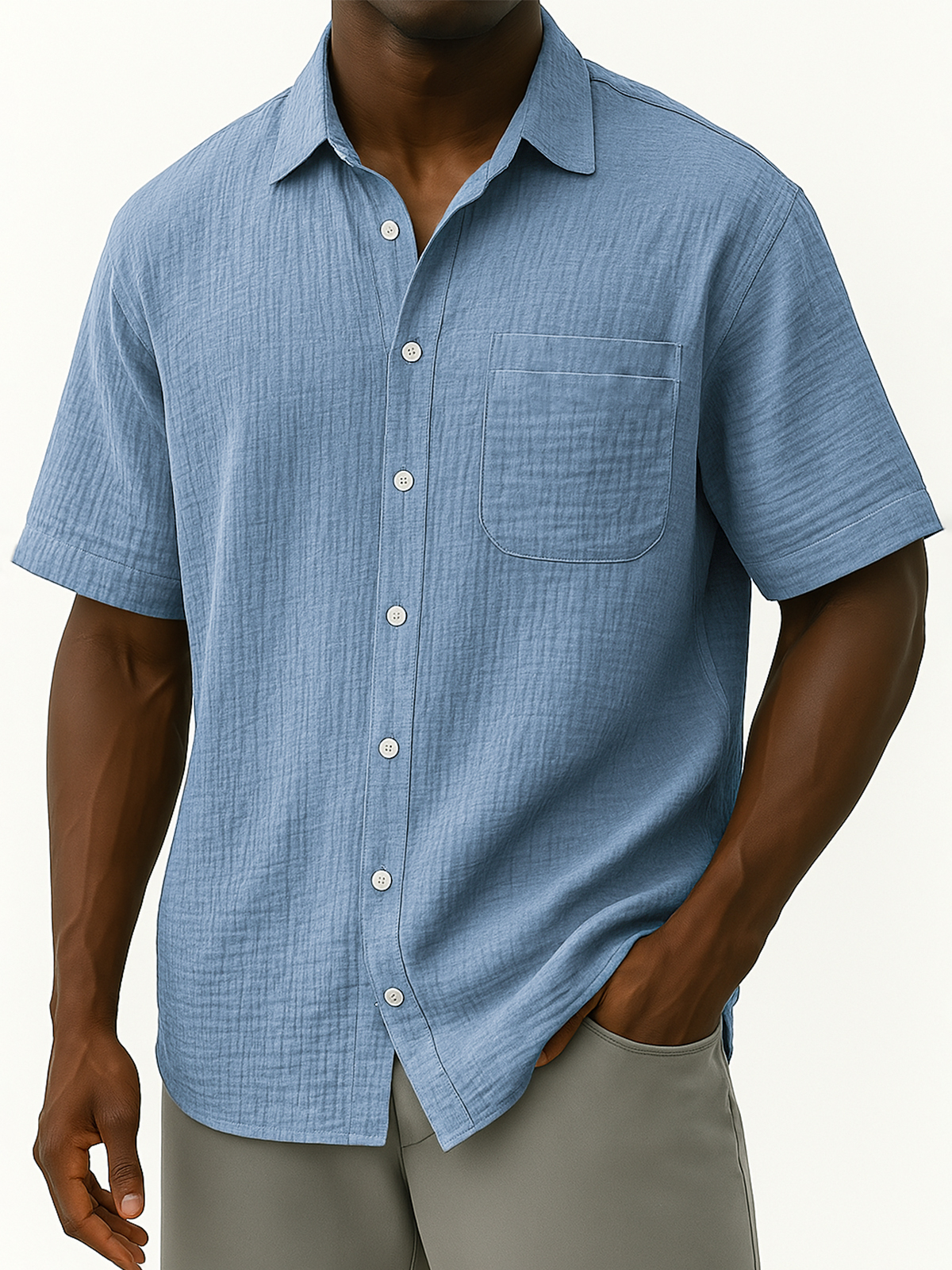 Men's Comfortable Crepe Loose Casual Vacation Short Sleeve Shirt with Chest Pocket