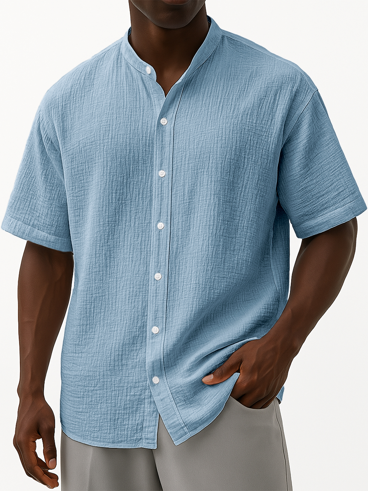Men's Comfort Linen Muslin Crinkled Stand Collar Casual Vacation Short Sleeve Shirt