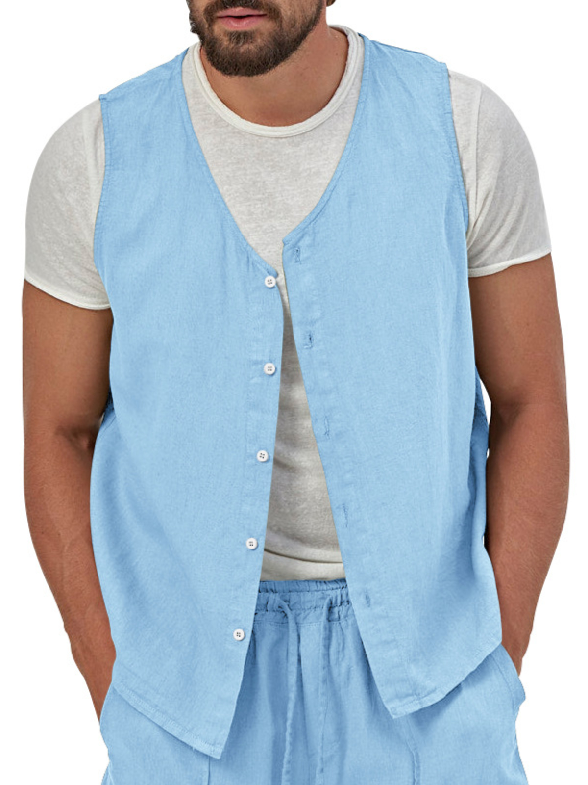 Men's Comfortable Cotton and Linen Sleeveless Vest Casual Button Cardigan Top Vest