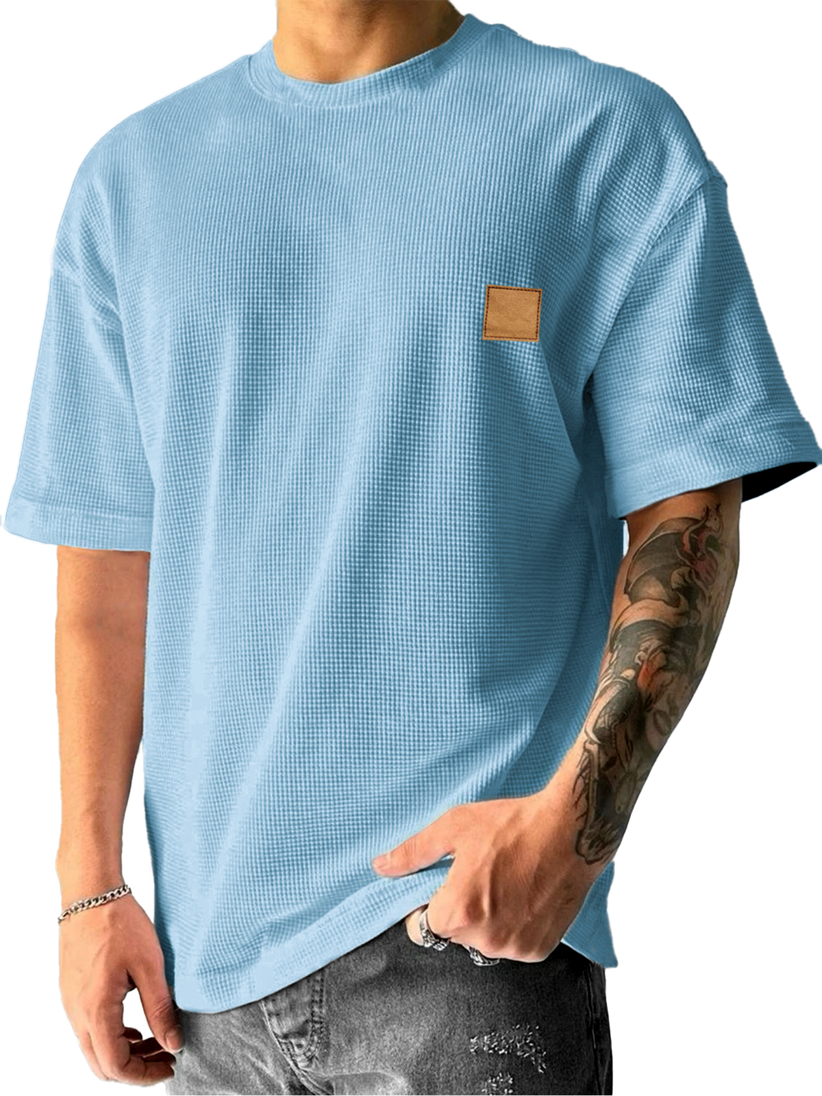 Men's Waffle Texture Minimalist Embroidered Leather Label Daily Casual Short-sleeved T-shirt