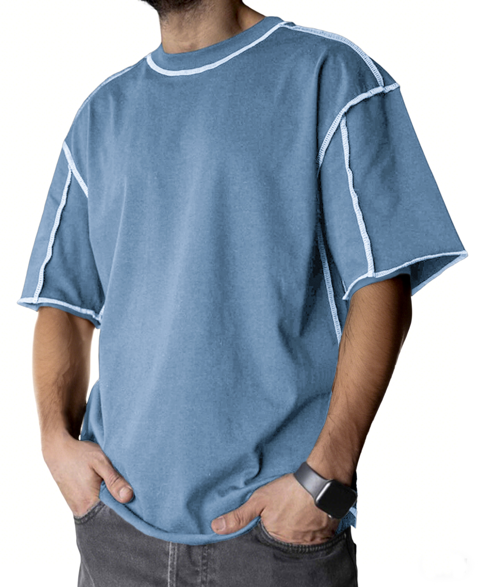 Men's Stylish Contrast Stitch Casual Everyday Basics Crew Neck T-Shirt