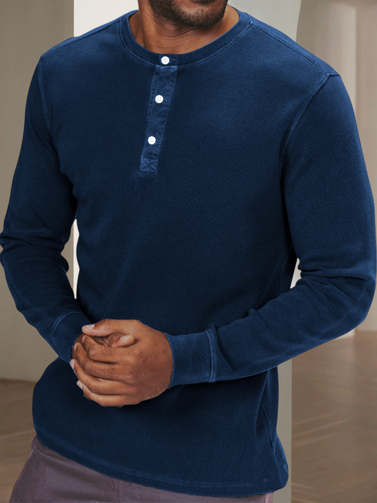 Men's Waffle Retro Dyed Distressed Trendy Casual Long Sleeve Henley Shirt Top