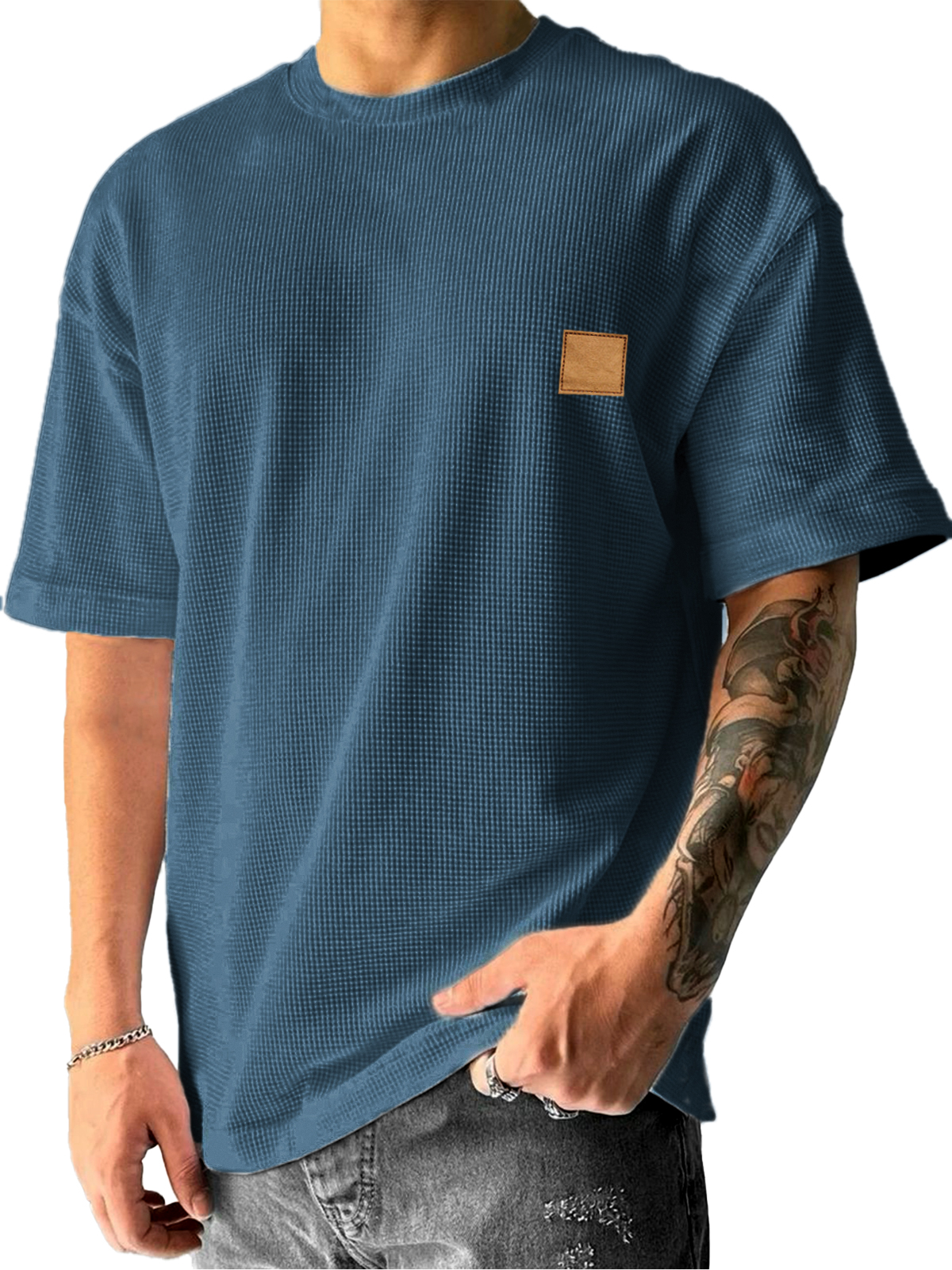 Men's Waffle Texture Minimalist Embroidered Leather Label Daily Casual Short-sleeved T-shirt