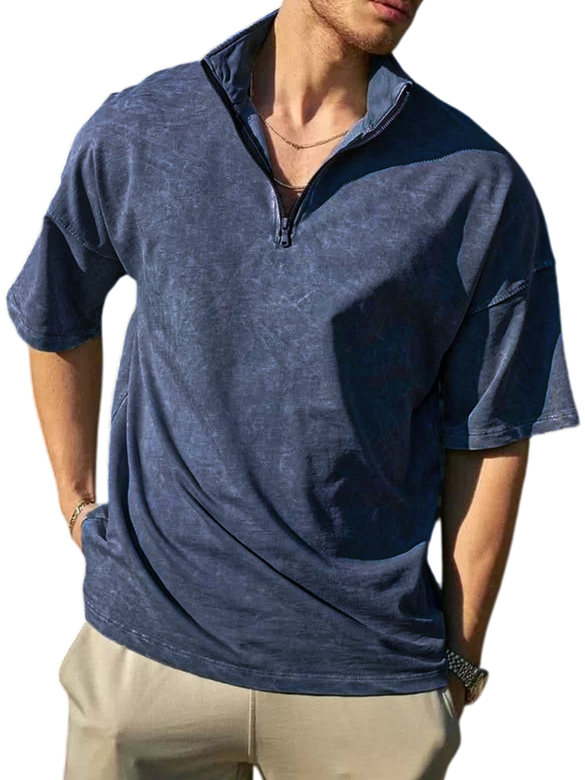 Men's Stylish Retro Distressed Quarter Zip Lapel Short-sleeved POLO Shirt