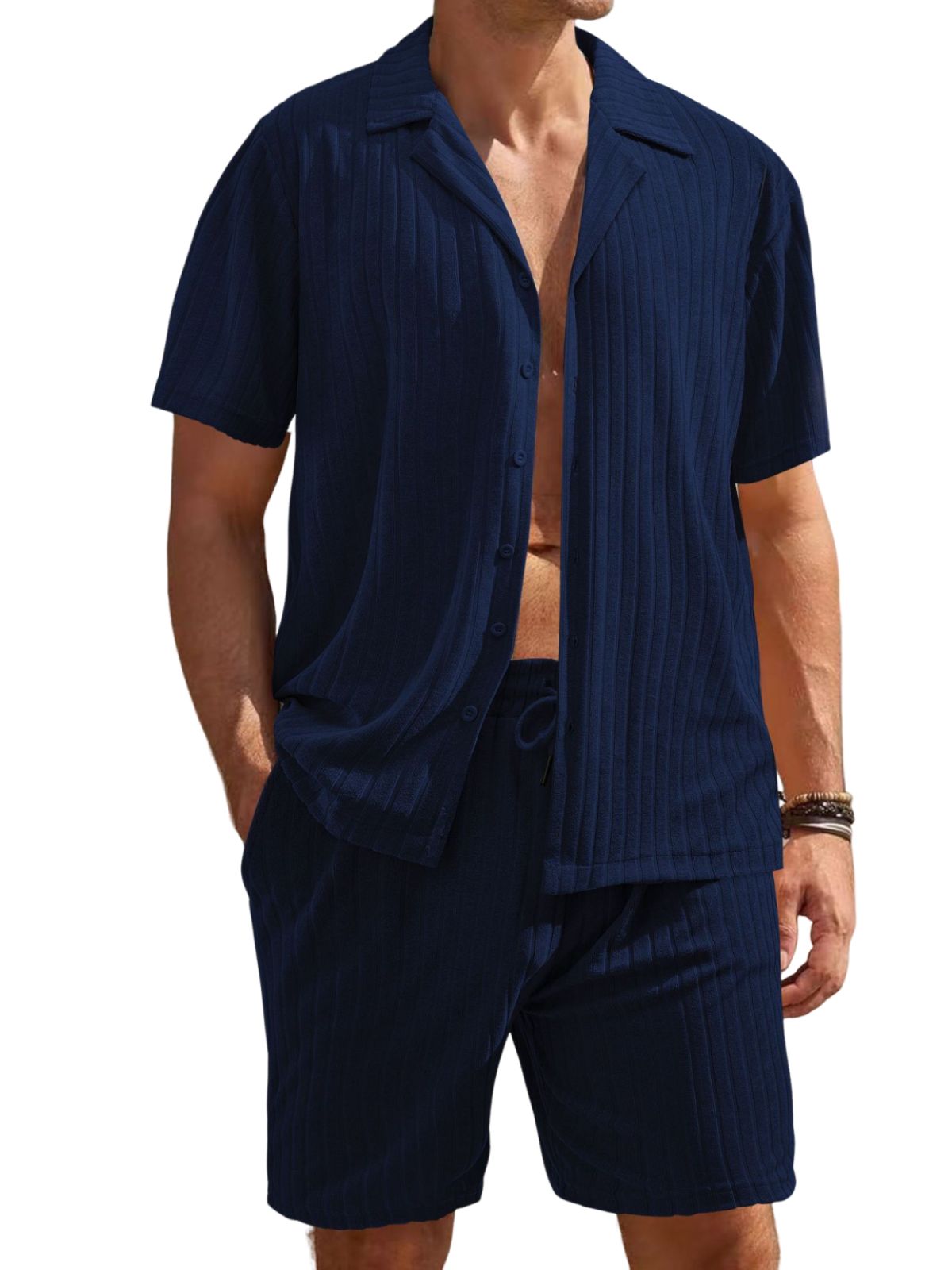 Men's Comfortable Towel Jacquard Casual Cardigan Short Sleeve Shorts Set