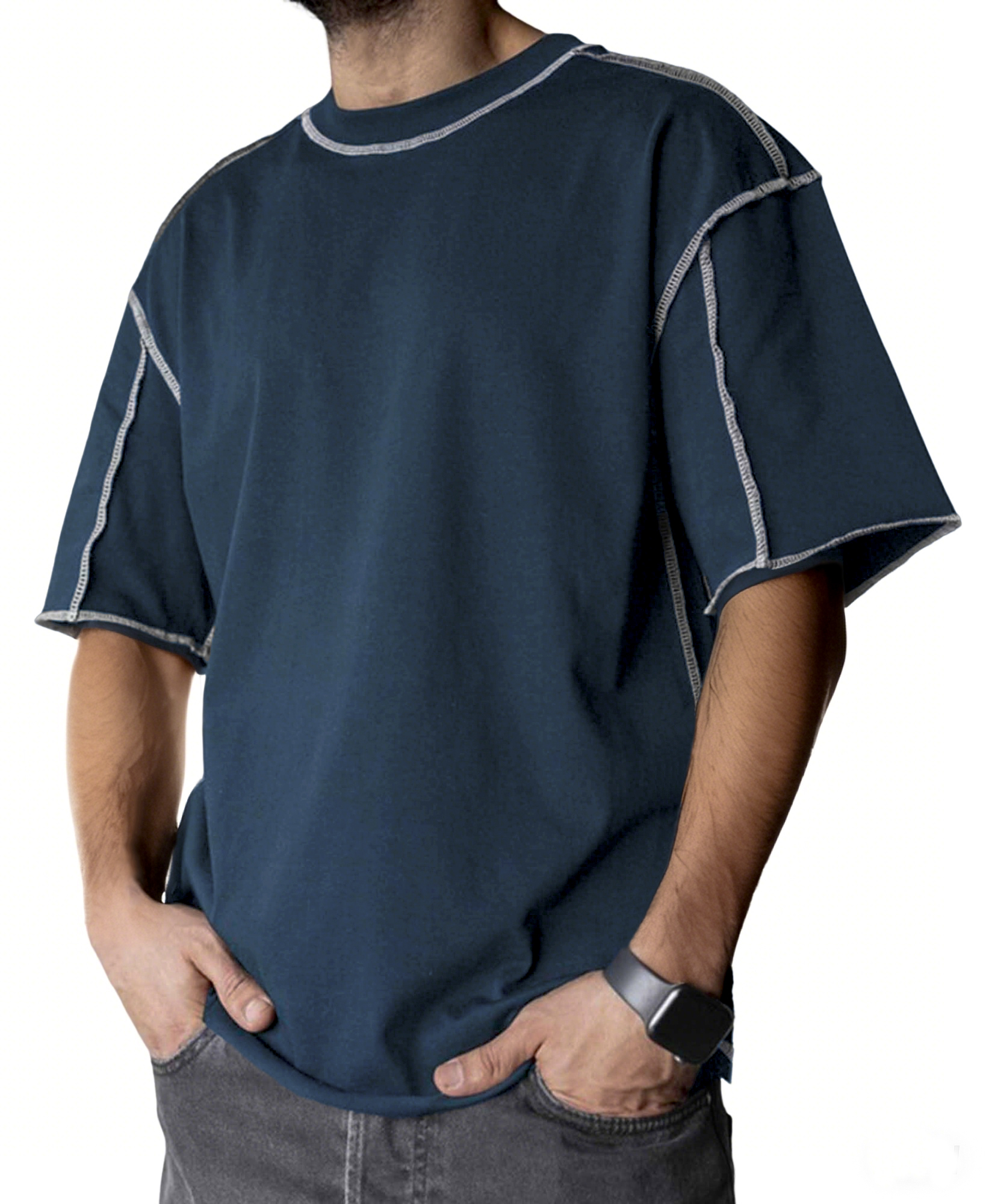 Men's Stylish Contrast Stitch Casual Everyday Basics Crew Neck T-Shirt