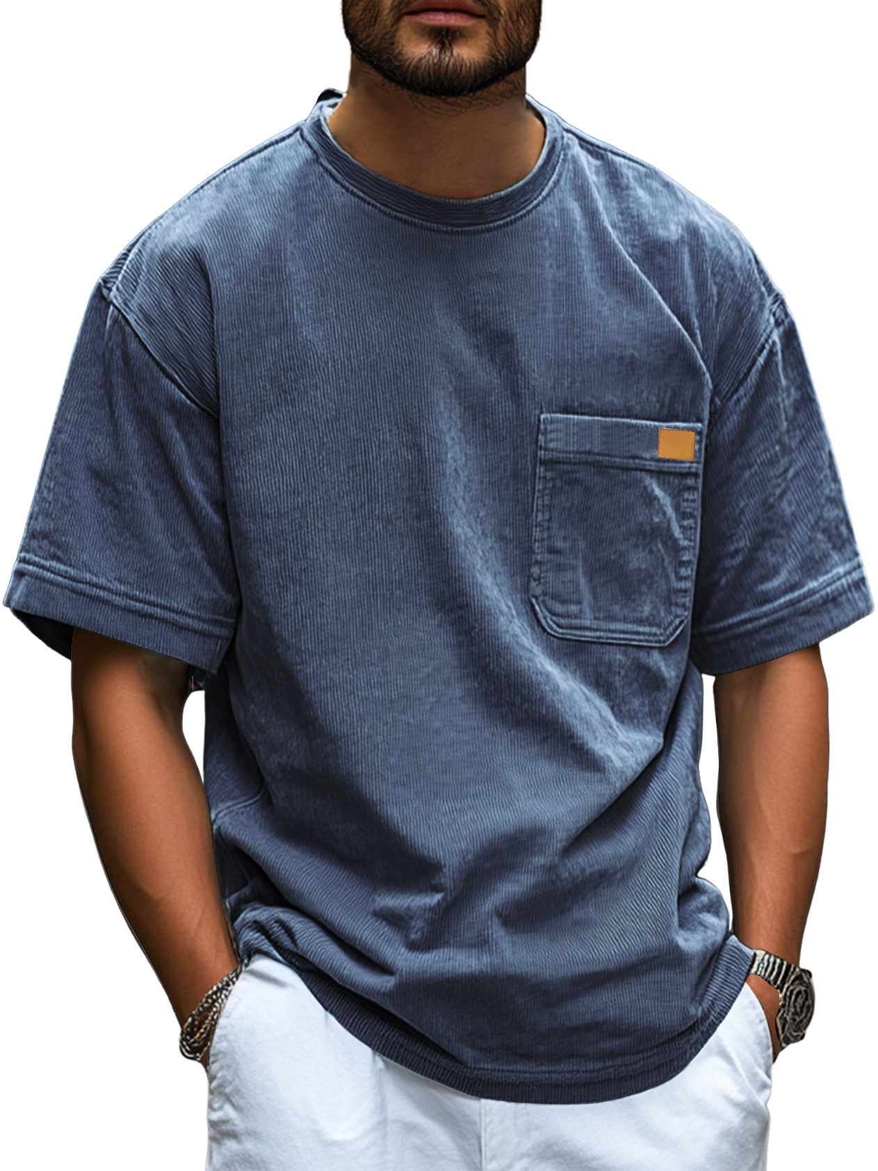 Men's Fashion Retro Corduroy Simple Embroidered Logo Pocket Casual Short-sleeved T-shirt