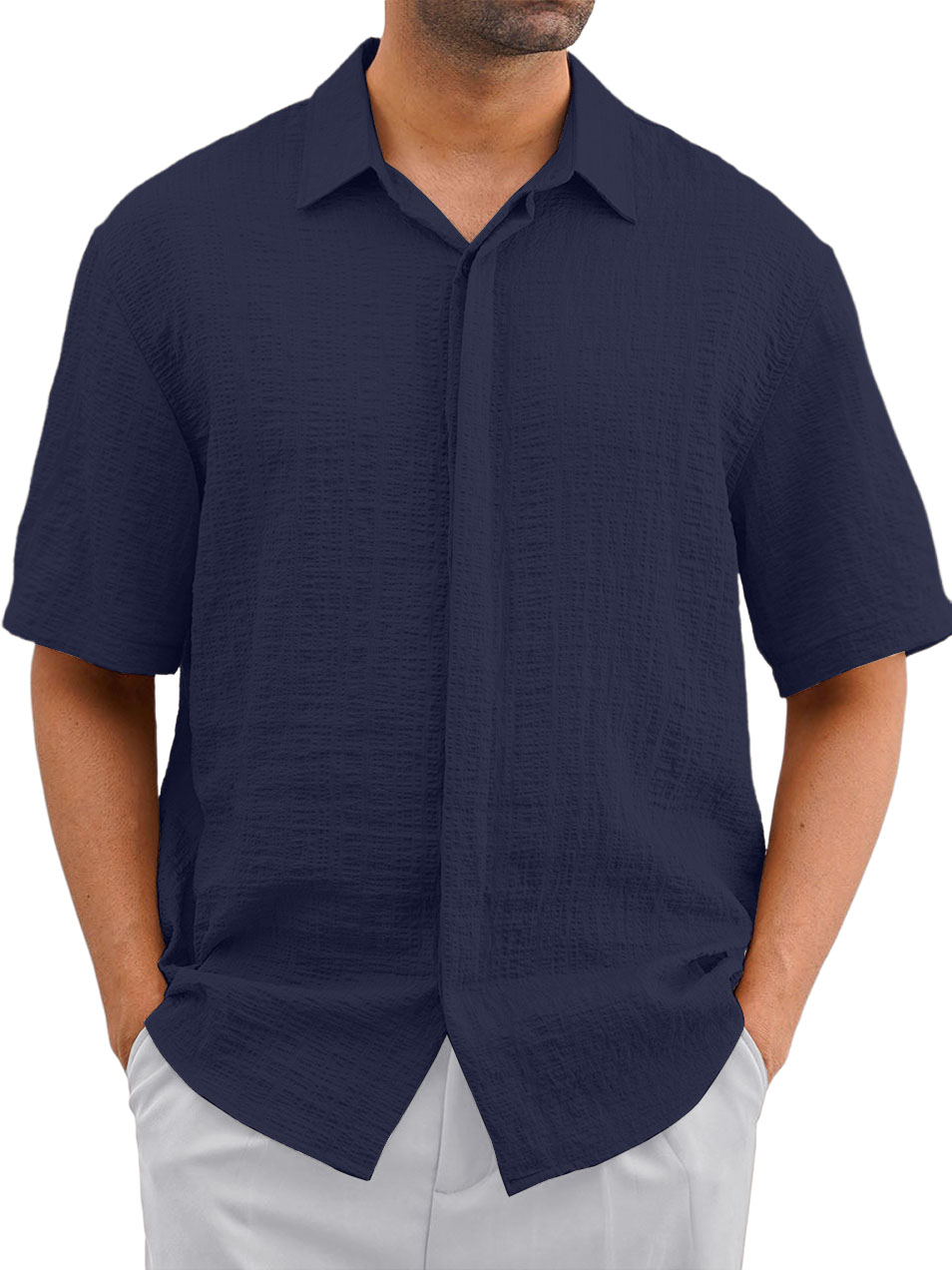 Men's Casual Loose And Comfortable Textured Design Short-sleeved Shirt