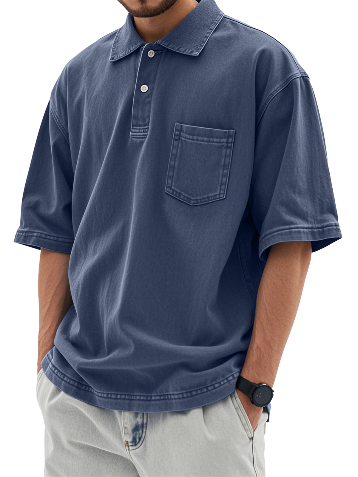 Men's Retro Distressed Washed Workwear Pocket Short-sleeved Polo Shirt