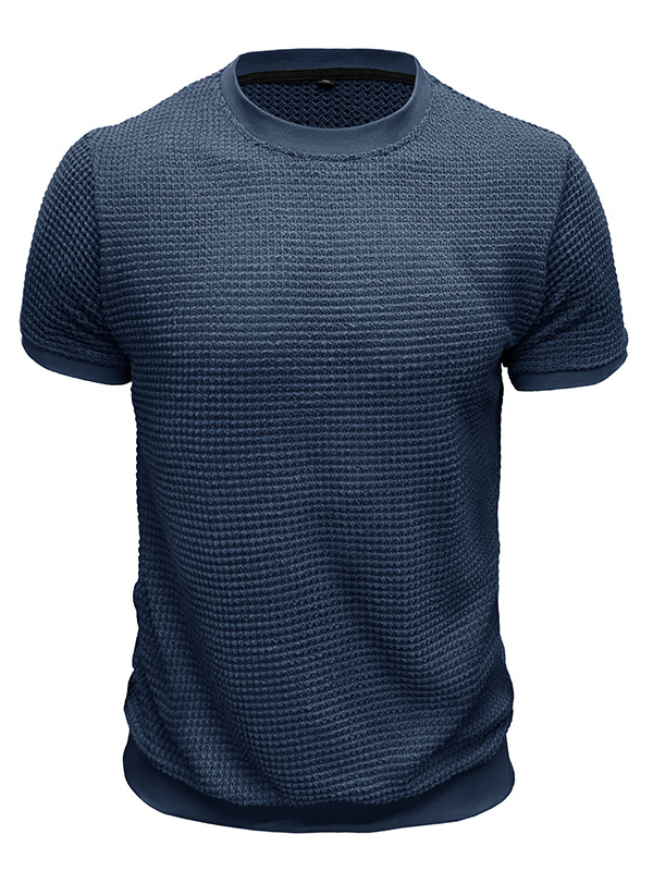 Men's Knitted Waffle Quality Casual Round Neck Short-sleeved T-shirt
