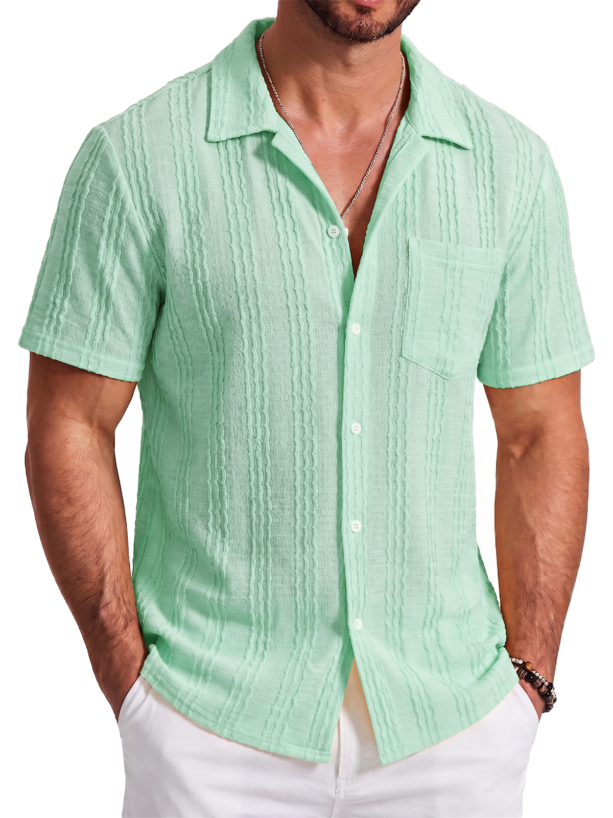 Men's Jacquard Striped Short Sleeve Shirt