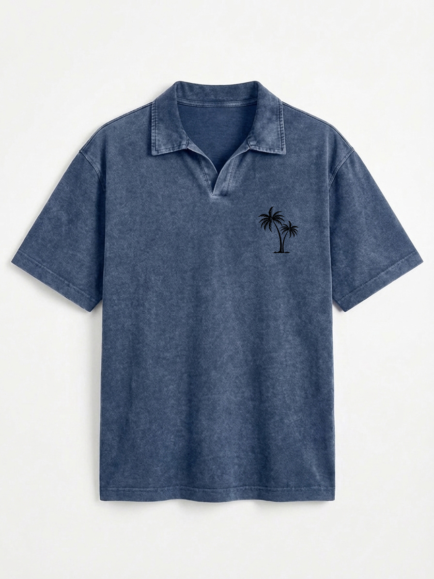 Men's Vintage Distressed Palm Tree Print Seagull Collar Short-Sleeve Polo Shirt