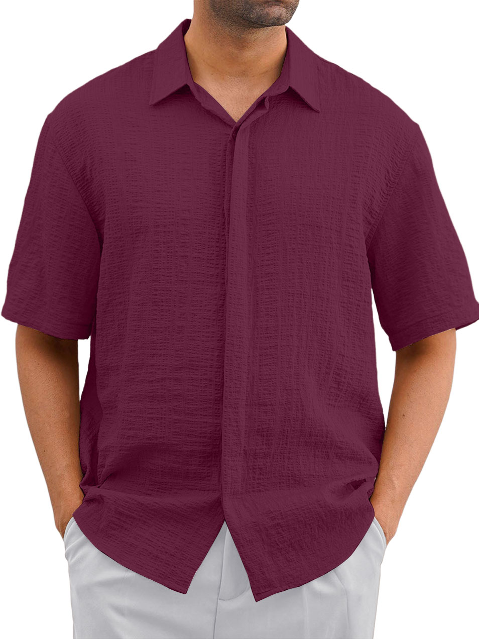Men's Casual Loose And Comfortable Textured Design Short-sleeved Shirt