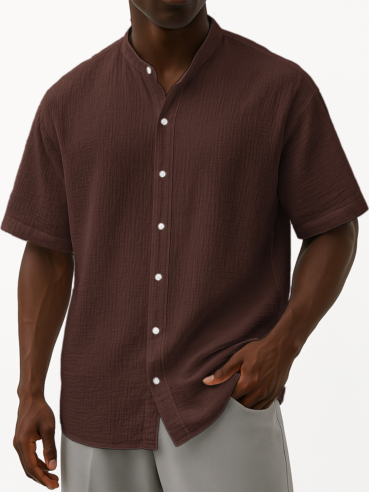 Men's Comfort Linen Muslin Crinkled Stand Collar Casual Vacation Short Sleeve Shirt