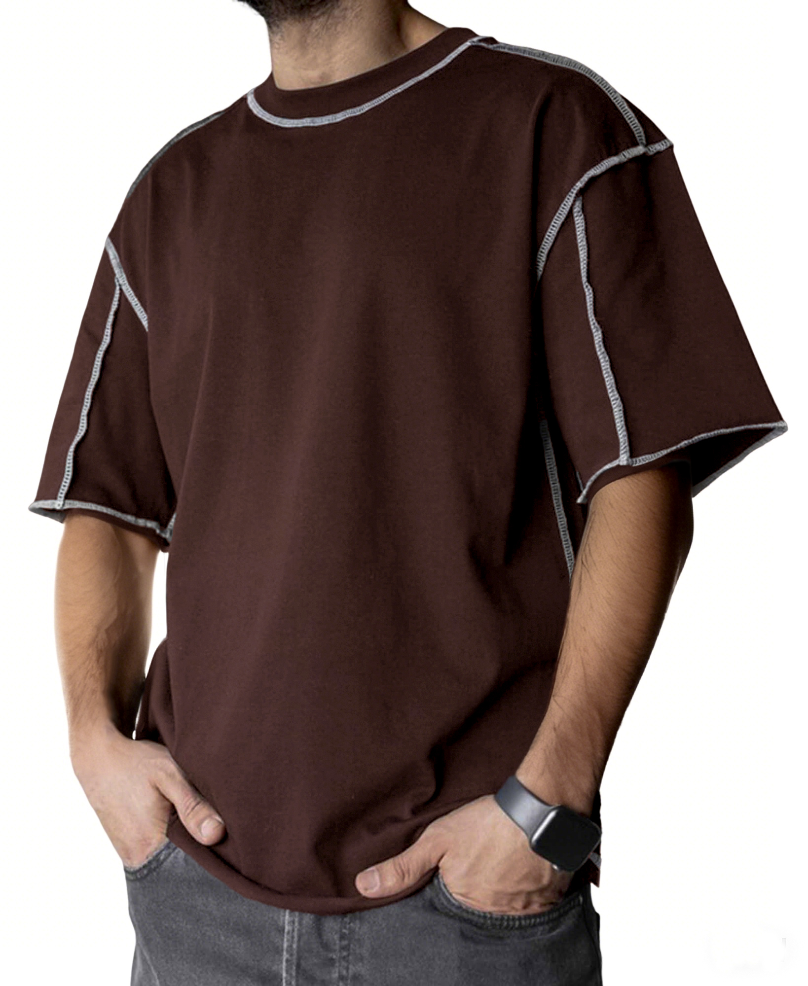 Men's Stylish Contrast Stitch Casual Everyday Basics Crew Neck T-Shirt