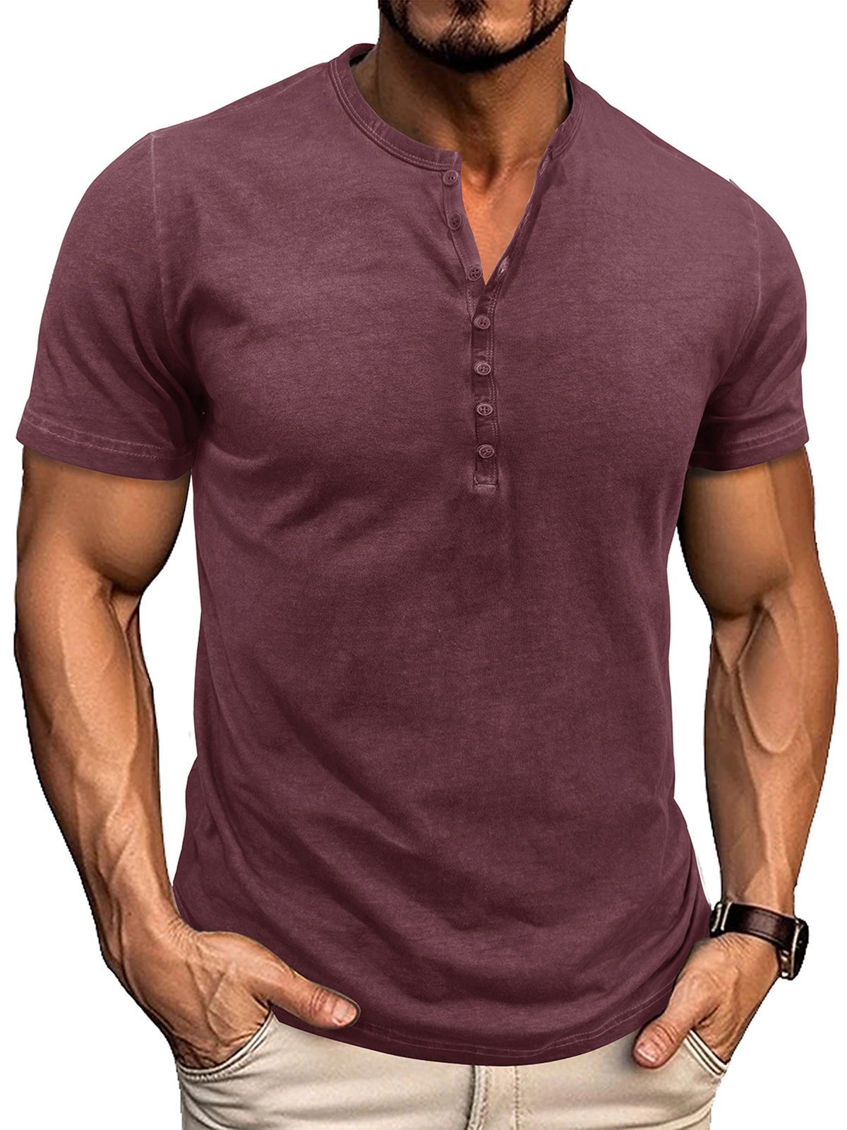 Men's Multi-button Washed Cotton Henley T-shirt Pullover Bottoming Outdoor Short-sleeved Top