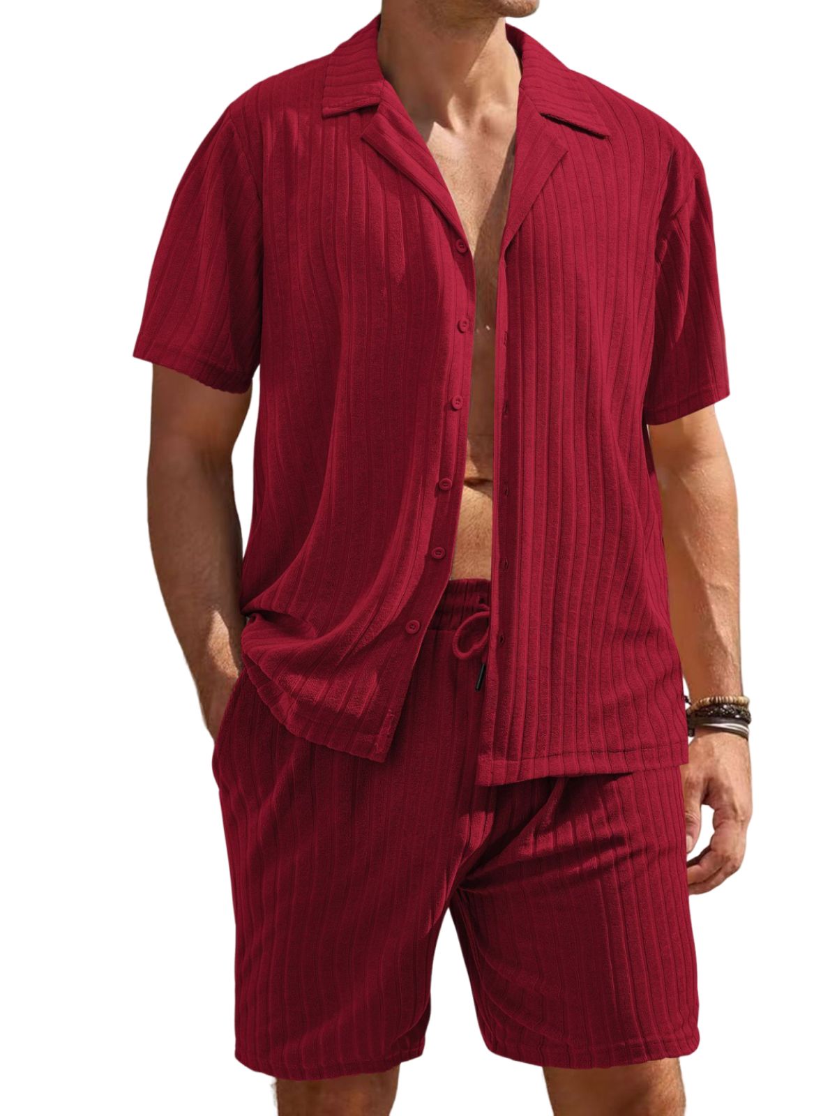 Men's Comfortable Towel Jacquard Casual Cardigan Short Sleeve Shorts Set