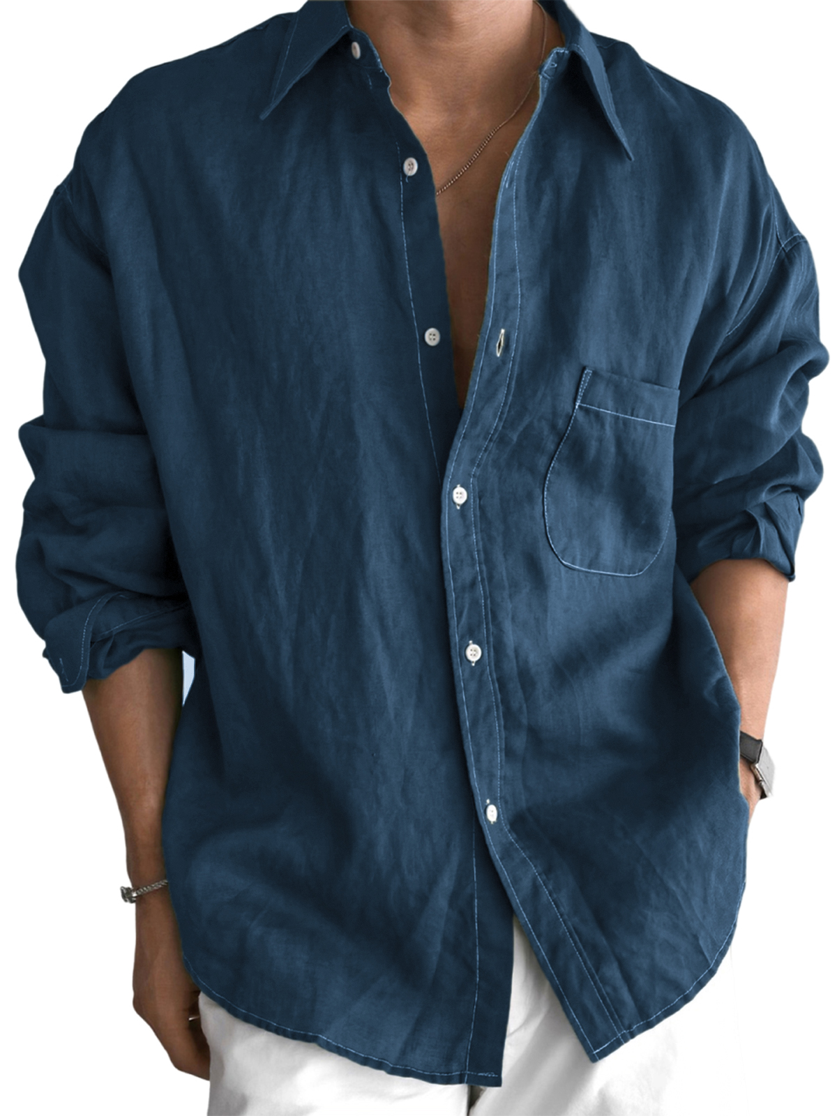 Men's Daily Cotton-linen Urban Casual Long-sleeve Shirt with Chest Pocket