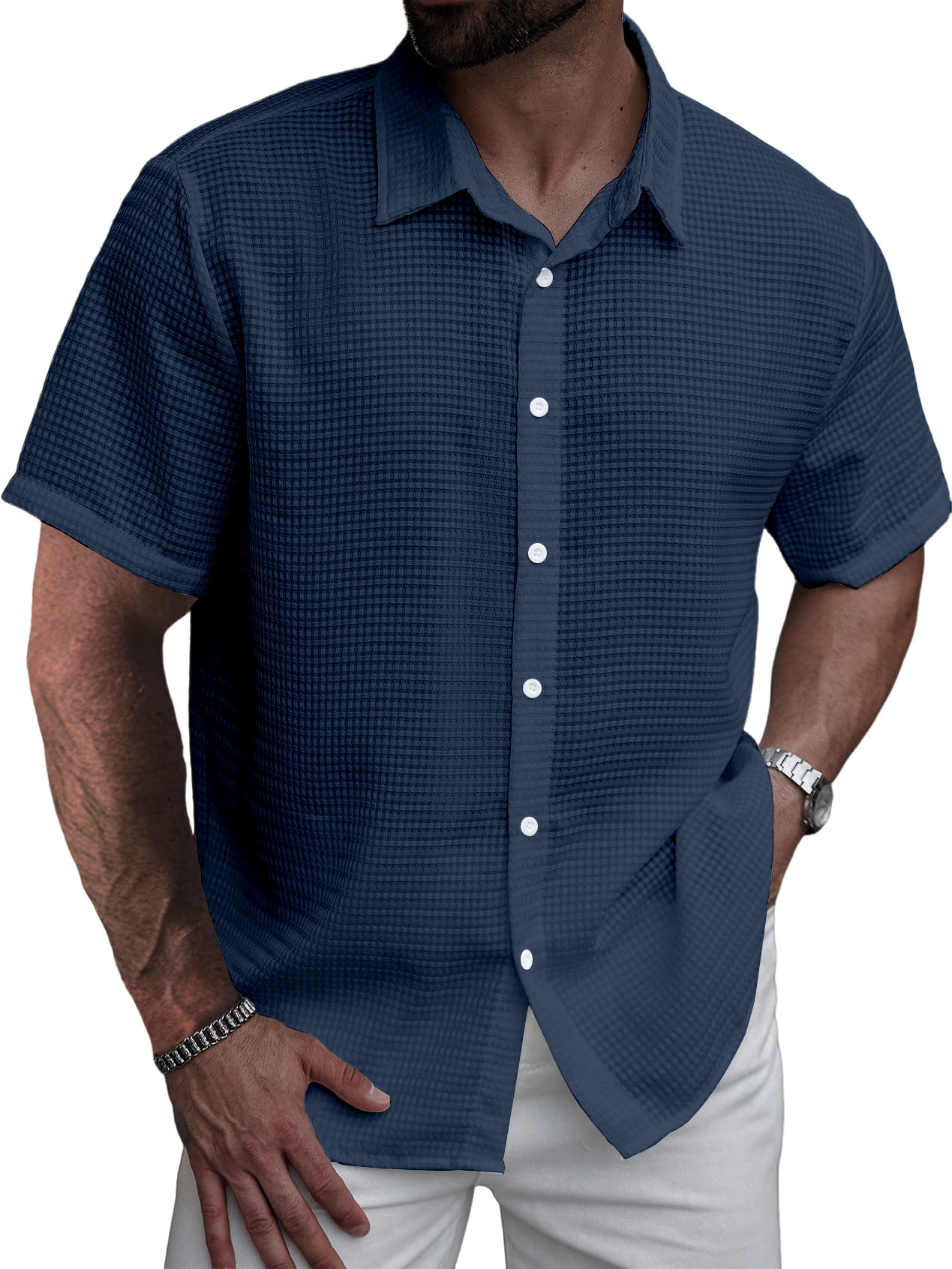 Men's Stylish Casual Waffle Fabric Short-sleeved Shirt