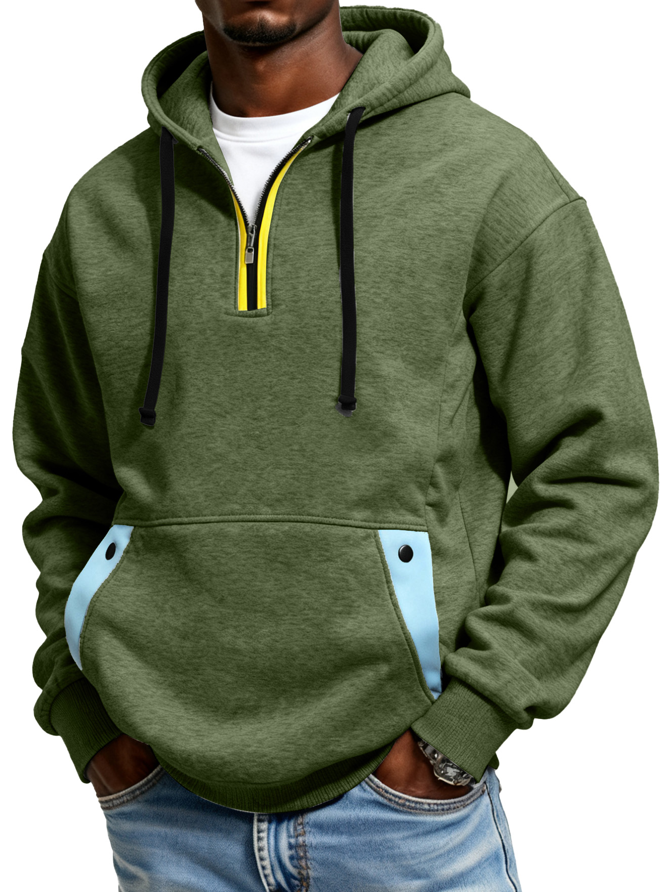 Men's Color Blocked Half Zip Hooded Pocket Sweatshirt