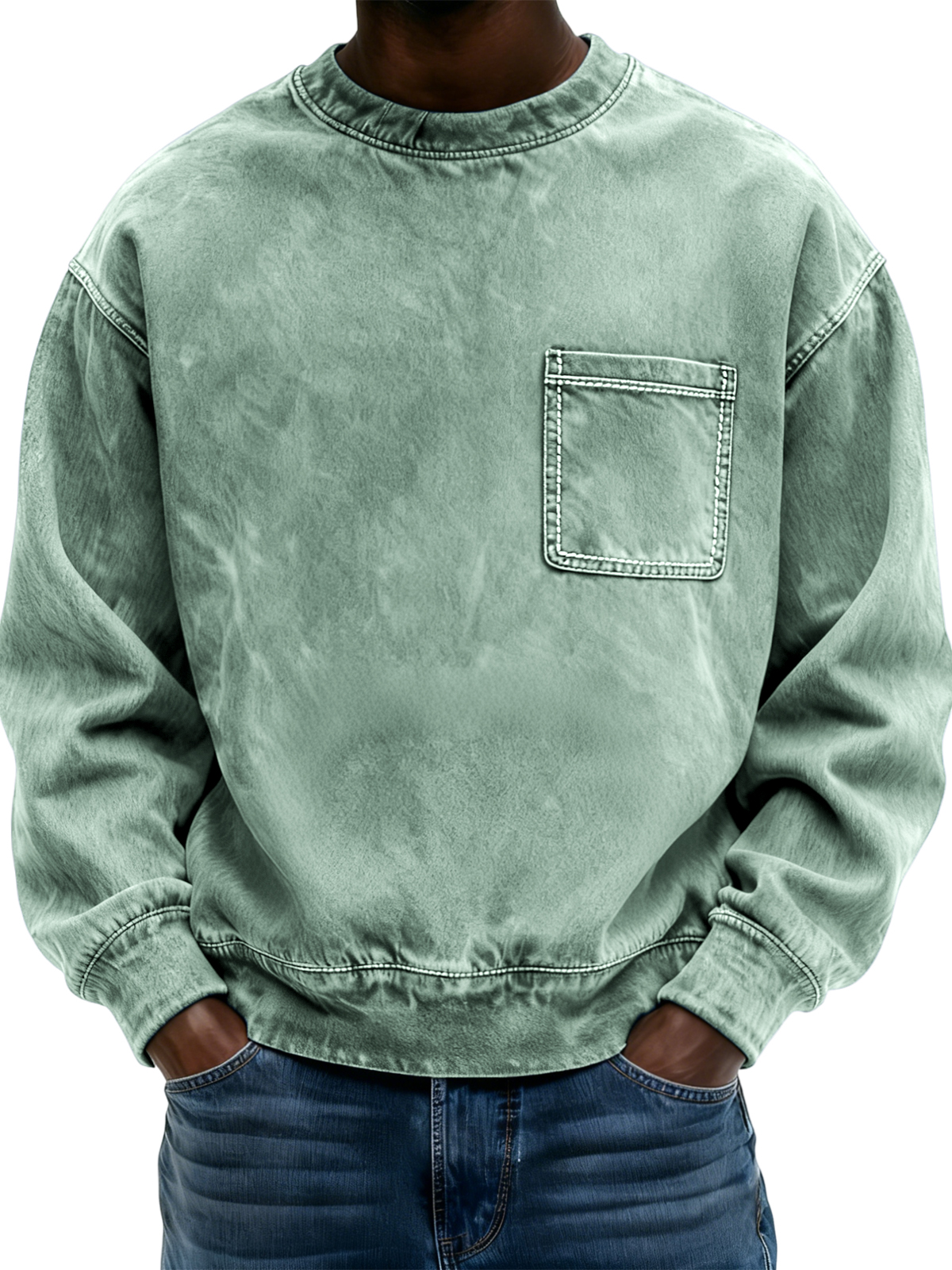 Men's Vintage Distressed Crew Neck Long-sleeved Top with Pockets