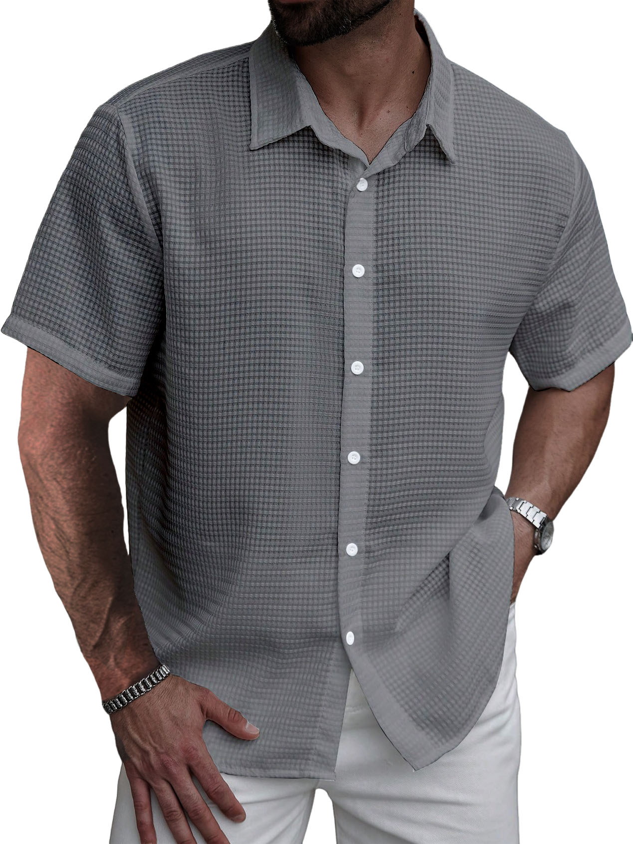 Men's Stylish Casual Waffle Fabric Short-sleeved Shirt