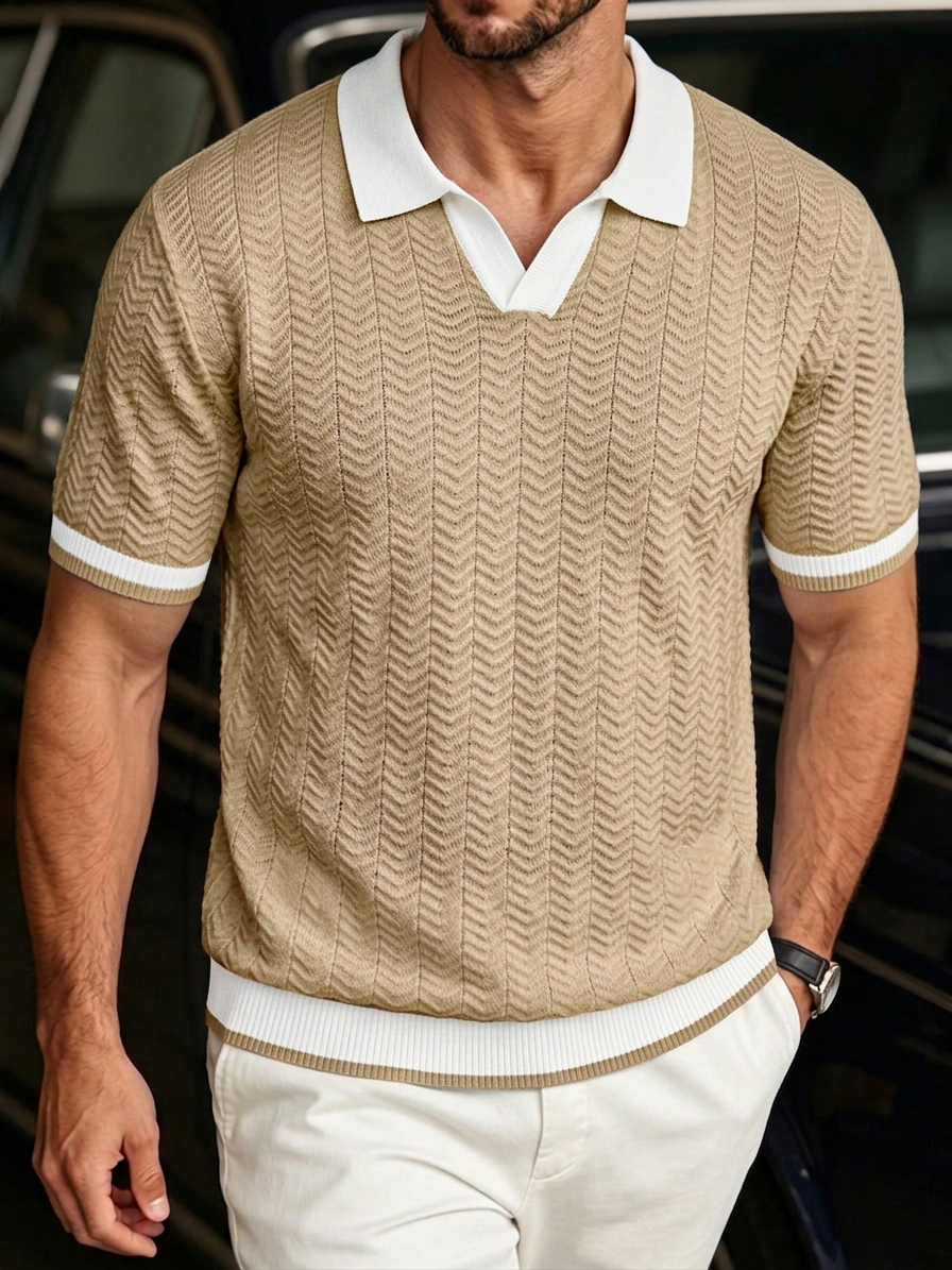 Men's Textured Knit Color-Block Seagull-Collar Top