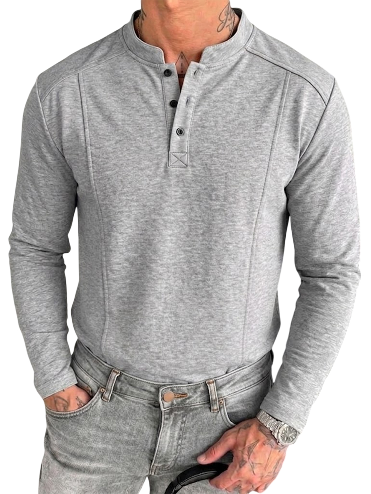 Men's Retro Textured Deconstructed Long-Sleeve Pullover Henley Shirt