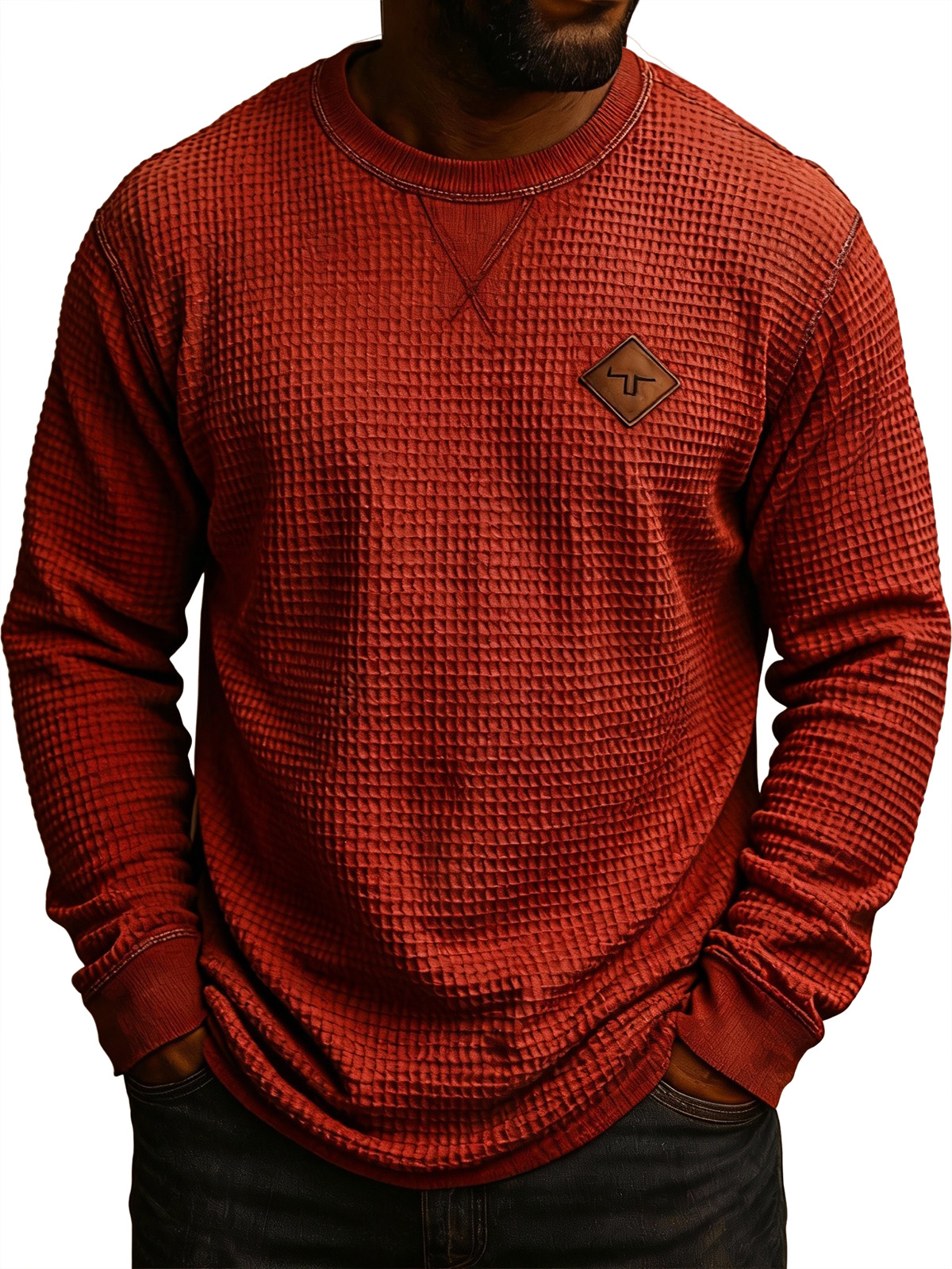 Men's Vintage Workwear Waffle Knit Embroidered Logo Crew Neck Long-Sleeve T-Shirt